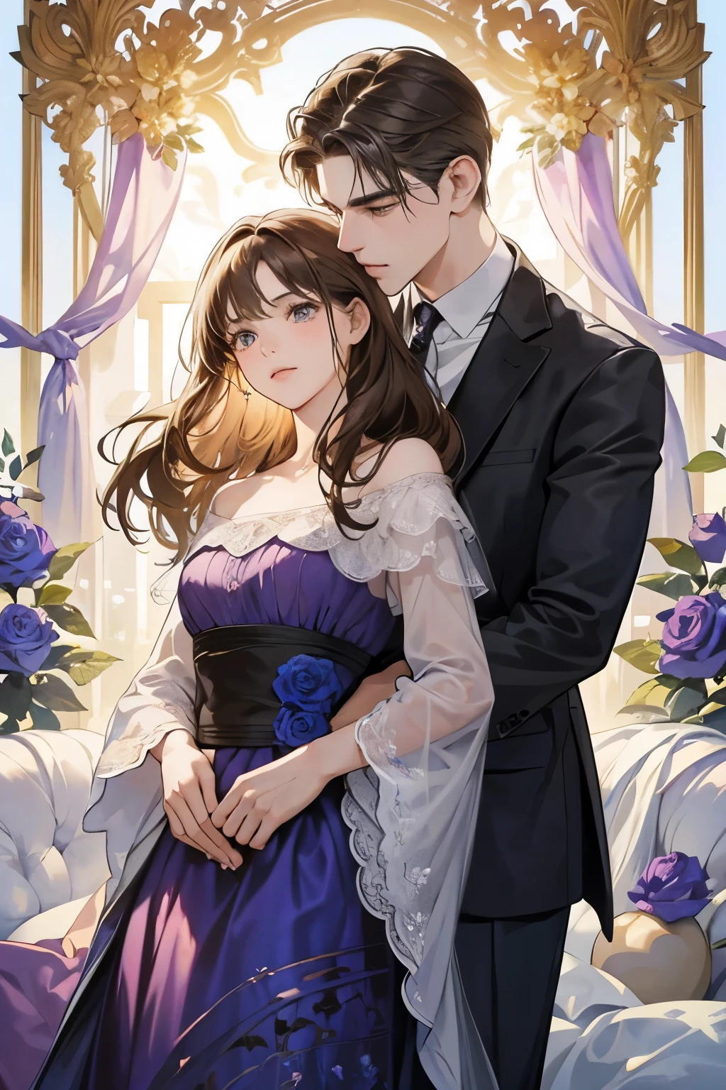 Create a captivating western-style watercolor art for your cover image. In the foreground, a brown-haired man, with wavy, textured locks, holds a brown-haired woman from behind. Her long, curls cascade down her back, blending seamlessly with the rich tones of the watercolor. A small, gray rose lies between them, symbolizing their delicate and forbidden love.
Intricately woven golden vines frame the couple, adorned with minute white flower rectangles, adding depth and dimension to the artwork. The background showcases a mesmerizing fusion of deep blue, purple, and gray hues - not overly bright, but still
