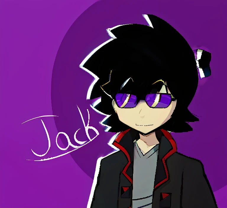 Anime boy, black hair, black jacket with red outline at opening, grey shirt