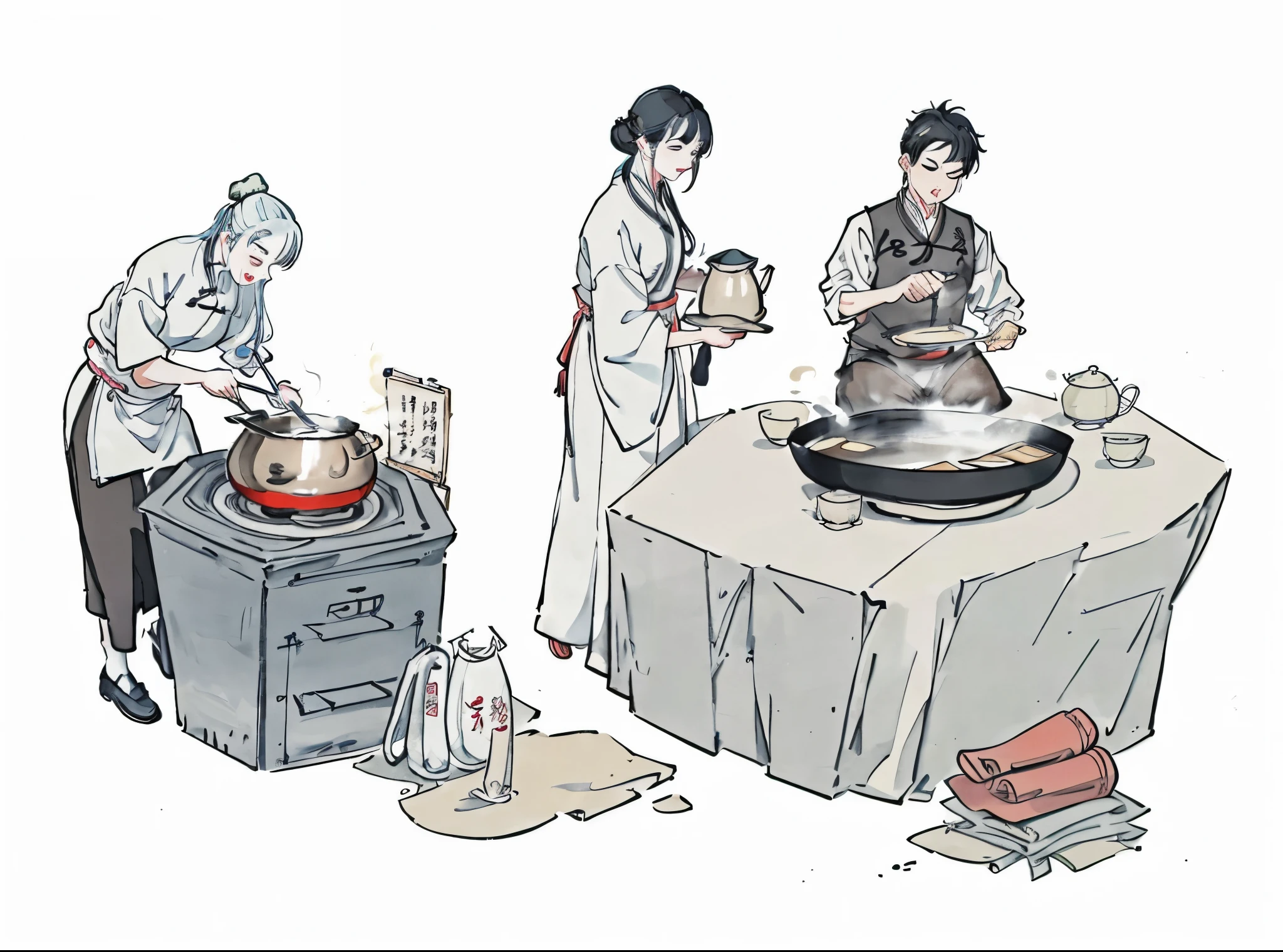 Cartoon of a woman and two men cooking in a pot, Traditional style, Full page illustration, traditional Chinese ink painting, business illustration, author：Yang Borun, traditional Chinese, Inspired by《Qiu Wen Tianjiang》, Traditional Arts, Chinese brush illustration, video static, Cartoon tofu potatoes, daoshi, tea ceremony scene