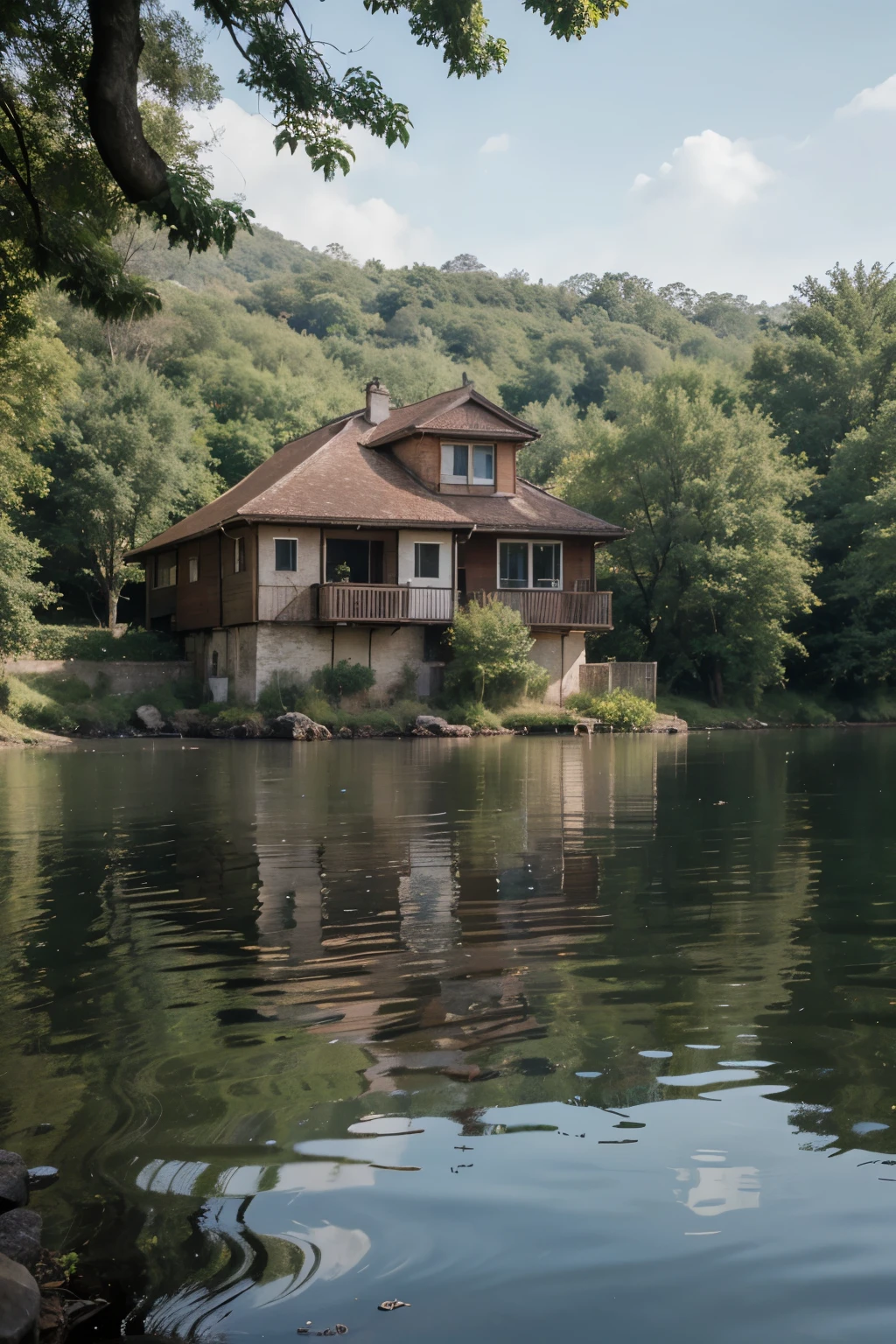 a house with green scenery and lake illustration art