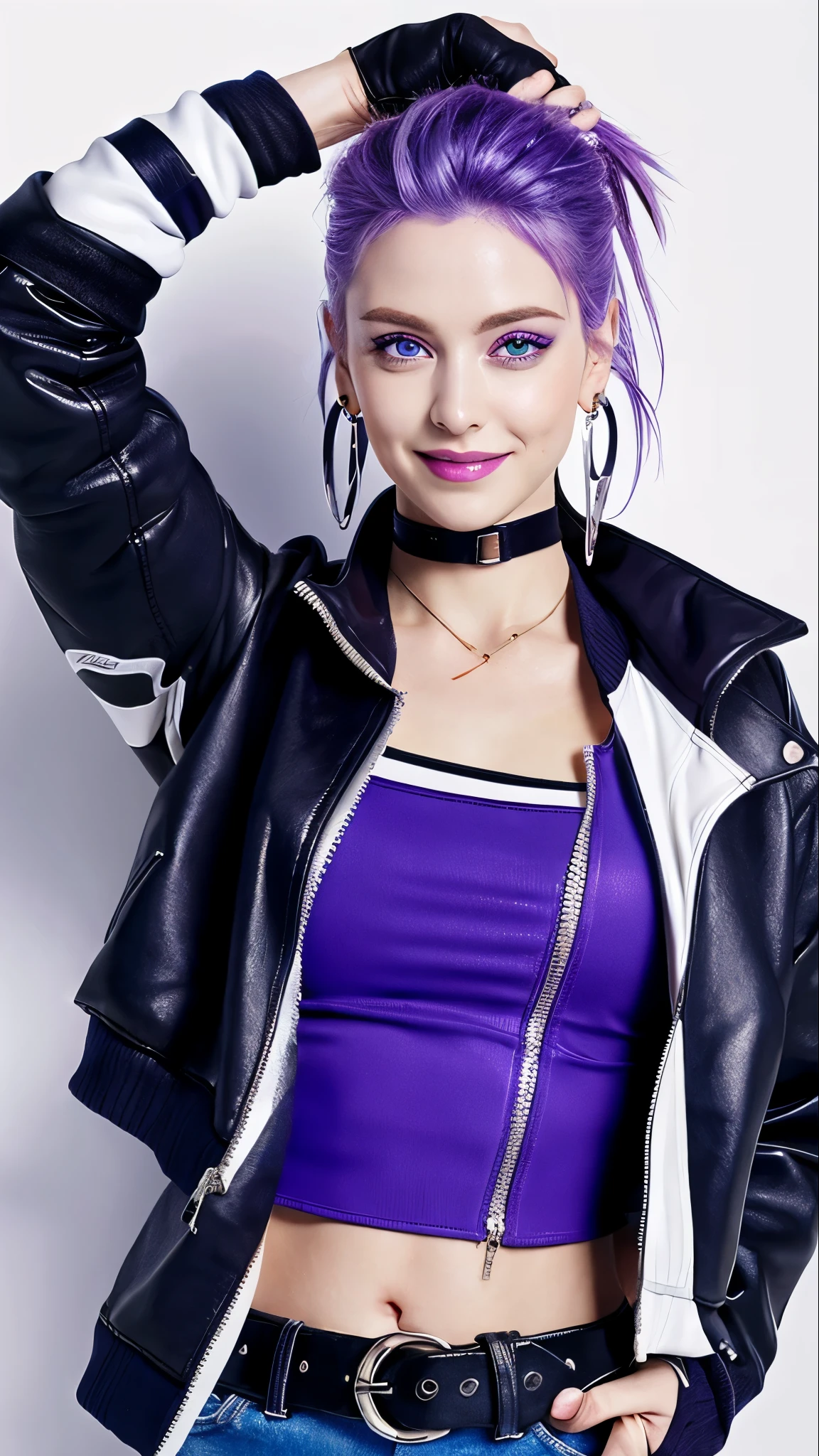 highest quality,masterpiece,8K wallpaper,disorganized, High resolution, Super detailed, (ung beautiful girl, alone:1.1),K/and (league of legends), belly button,fingerless gloves, cropped jacKet,jacKet, colorful hair, Samurai Ponytail (loanword)ï1/4 belts, earrings, blonde hair, crop top, abdomen, aKali, maKeup,purple hair, open jacKet,two tone hair, open clothes, blue eyes, lips, triangle earrings, belt bucKle, blacK hair, chest, blacK pants, hoop earrings, Are standing, Blue gloves, blue hair, zipper,break、smile gently