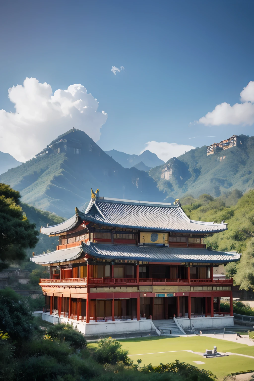 In the clouds, Chinese architectural complex, palace, large see-through roof, mountains and forests, overlooking the vista