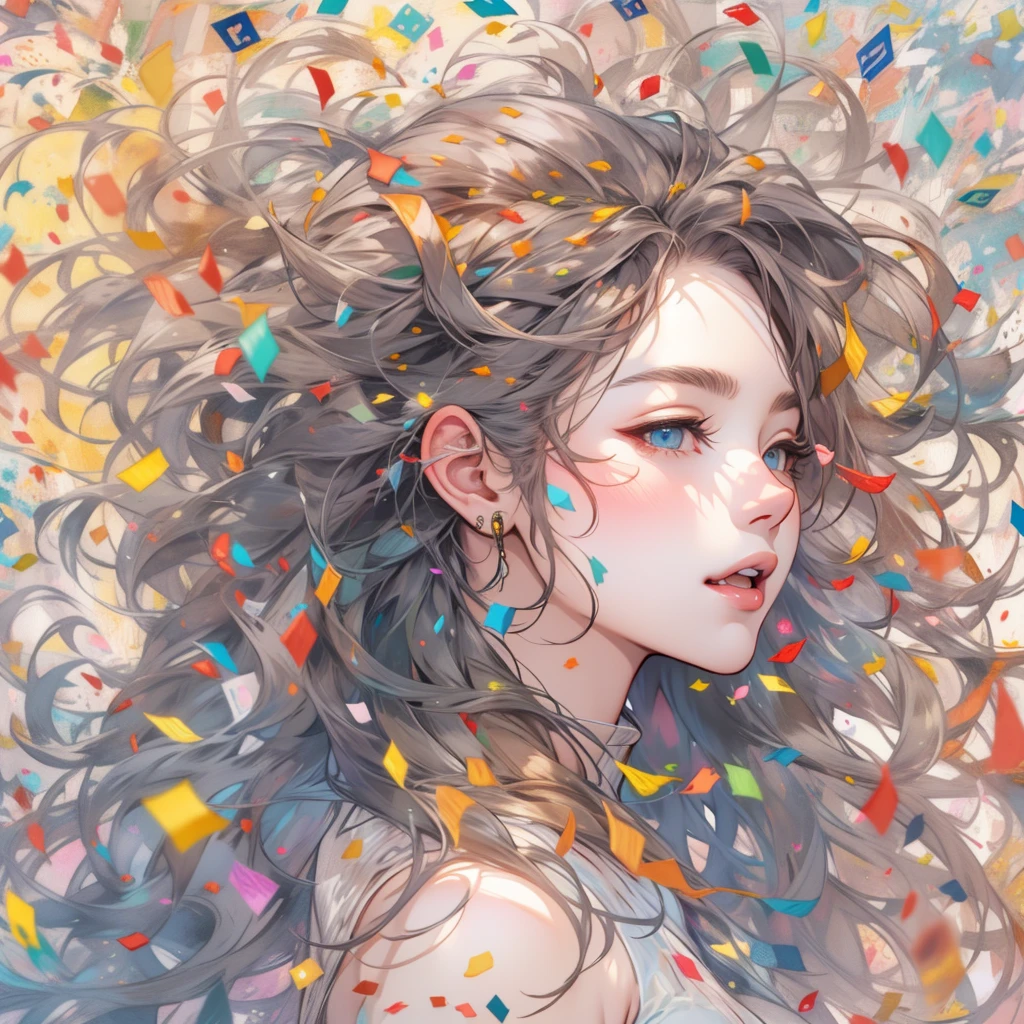 Color Style、digital art、official art、blown by the wind、masterpiece、beautiful face、(watercolor painting)、(colorful confetti:1.3)、intricate details、great details
