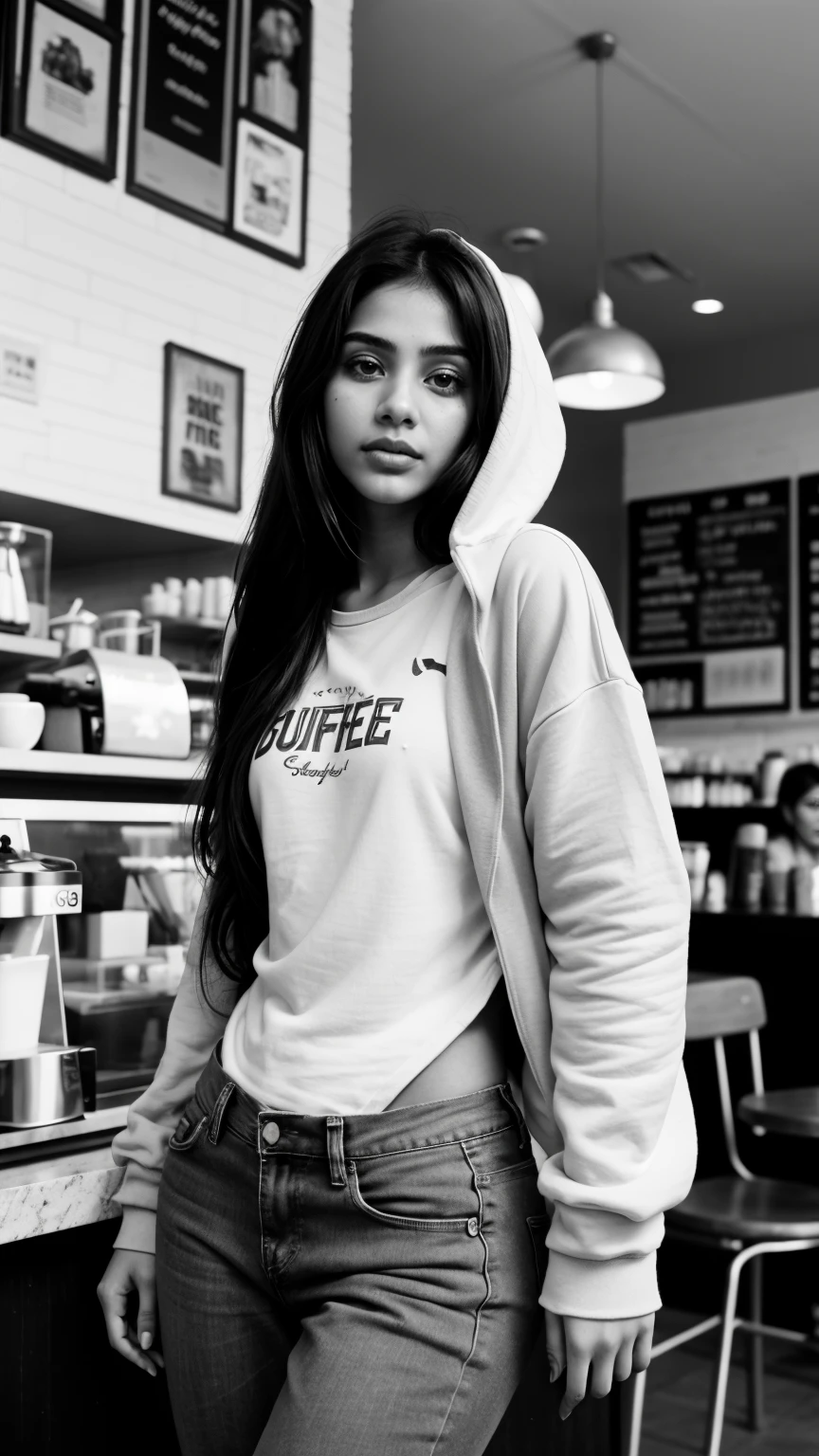 Photo of a Beautiful south Indian girl in 20s, in baggy hoodie and jeans, In coffee shop, Summer, Lustful, Ilford HP5, 80mm