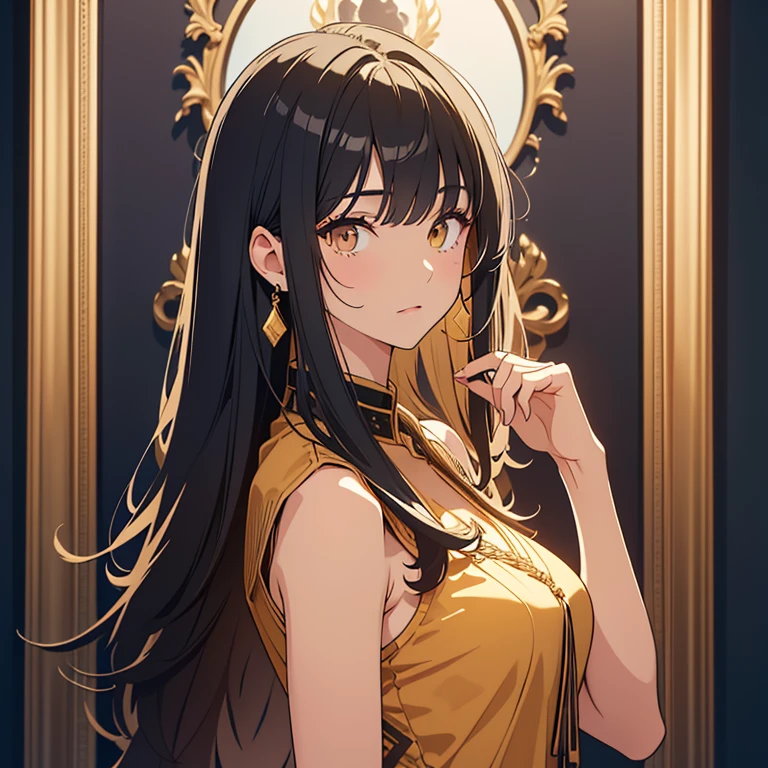 a young woman who stands at average height and has a slender build.
She has wavy, jet-black hair that falls at her upper back with bangs swept to the right, leaving two chin length fringes to frame both sides of her face. Followed by this, she has a fair complexion and large golden-brown eyes.