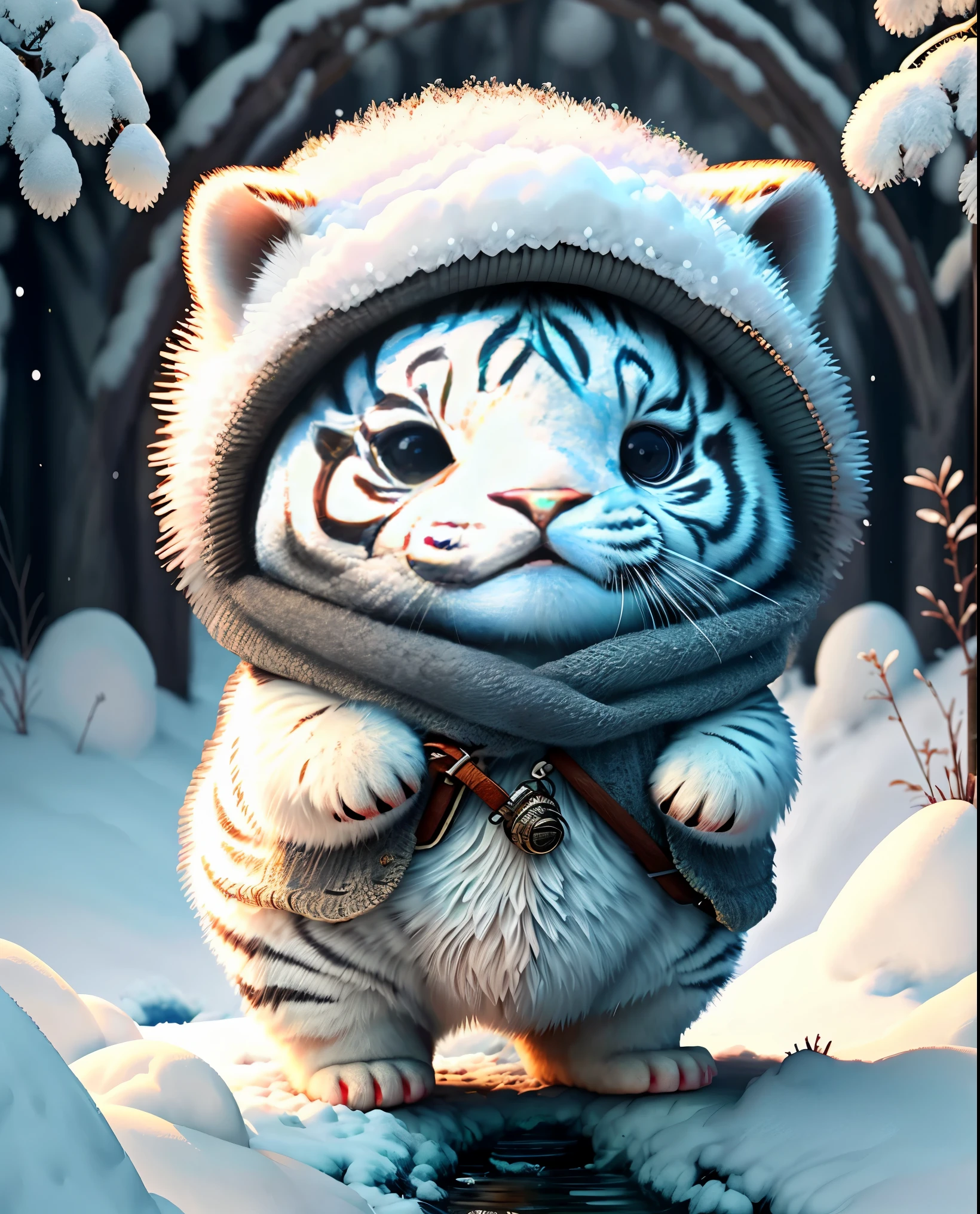 best image quality、"cute生き物の傑作を作成する. White Tiger、one horse、（winter）otter, high detail, In 8K、best image quality、Dressed as an adventurer、Bogan in hand、Video Game Hero Costume、(((cute)))、