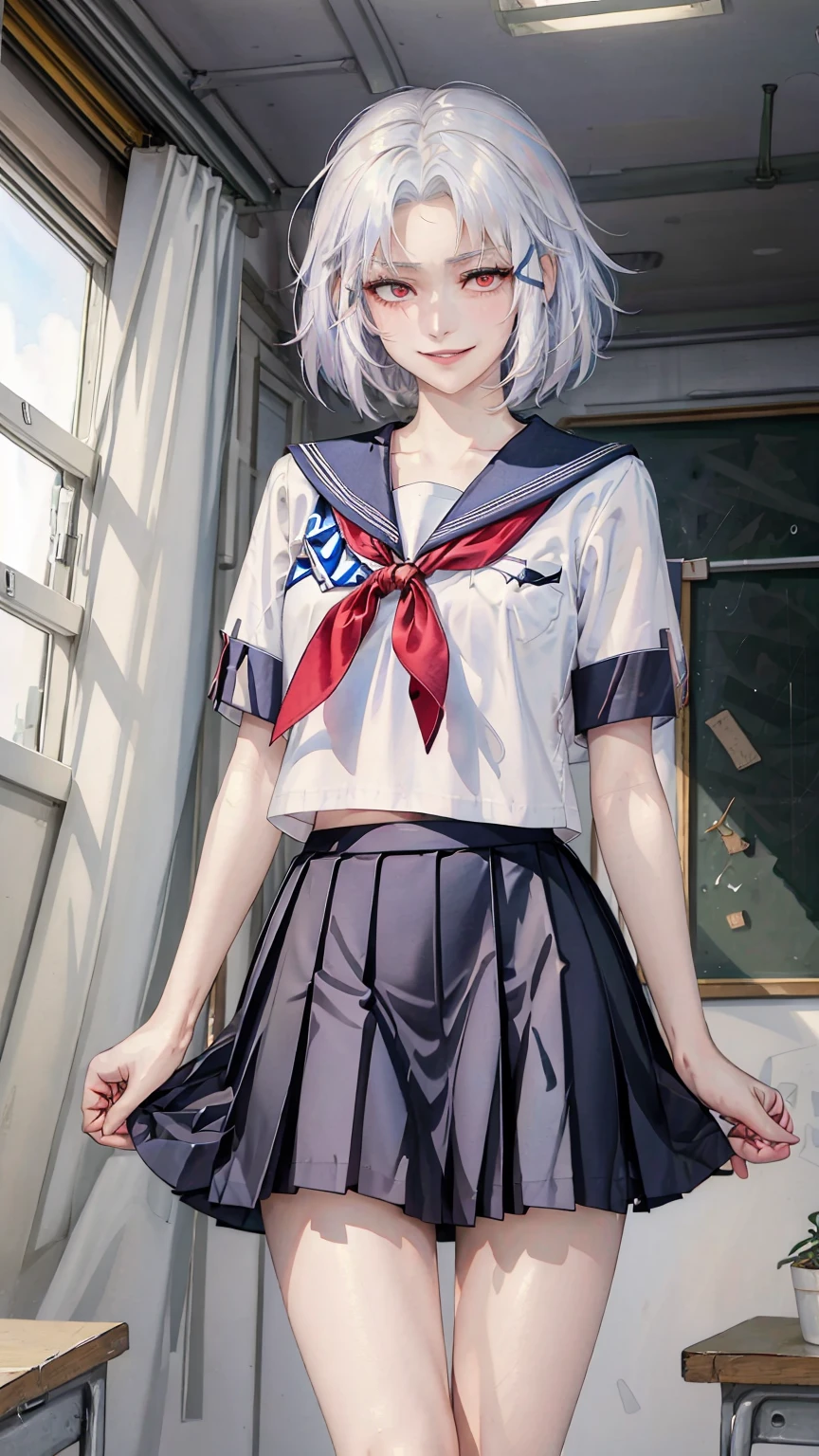 ((((masterpiece, best quality, high resolution)))), (1girl:1.5), ((short silky hair, white hair, red eyes, sharp eyes)), (average breasts:1.2), (blushing), (cheeky smile, parted lips), glow, thighs, collarbone, narrow waist, (slender body figure), (beautiful detailed face, beautiful detailed eyes), ((sailor fuku uniform, see through material, red ribbon, blue plated skirt)), (standing up), looking at viewer, classroom, (cowboy shot)