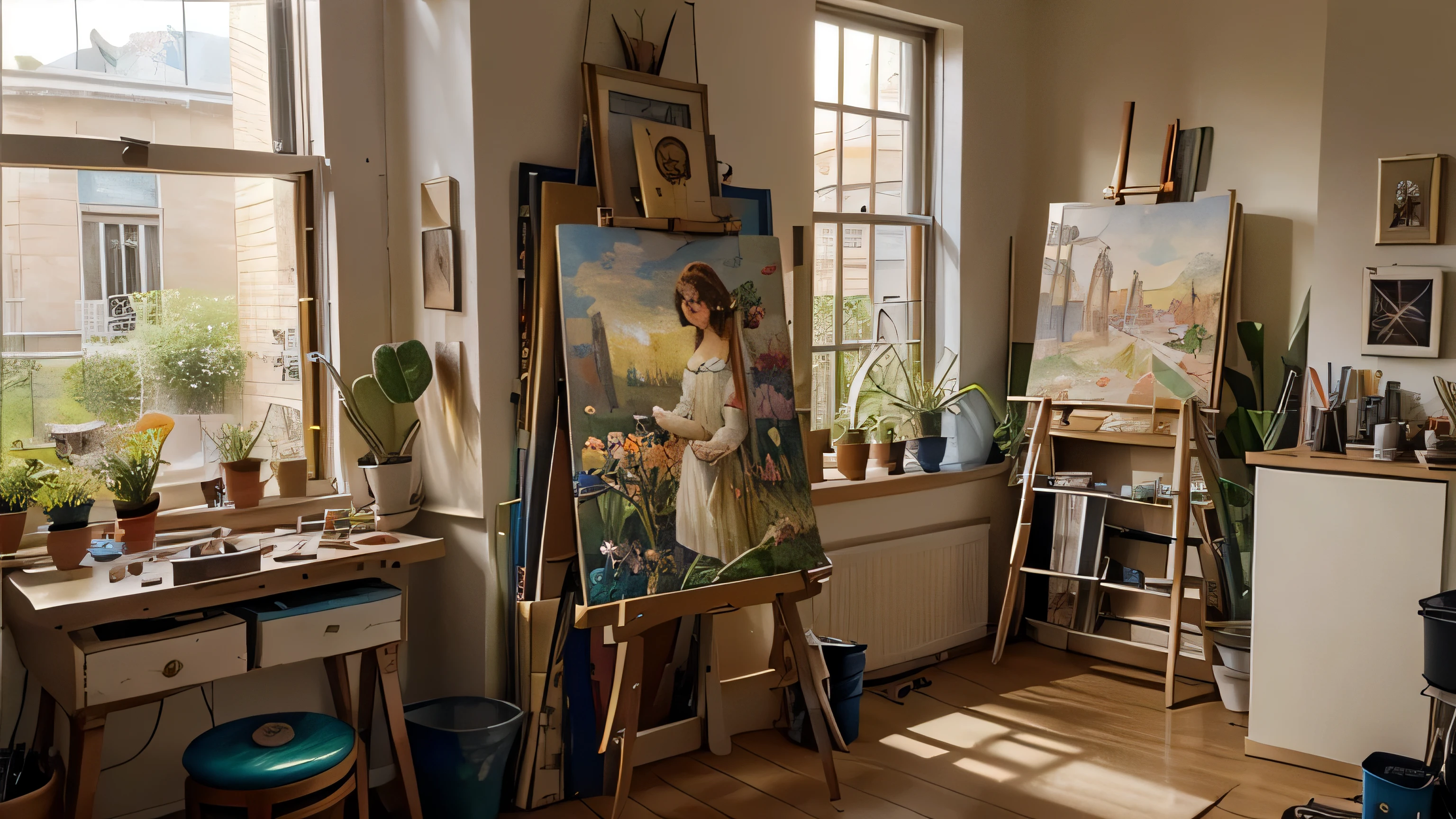 An untidy atelier, easel, artwork, paintings, colors, , loft atelier, untidy, paint pots, brushes, flowers, plants, sun light coming from left, artstyle impressionism