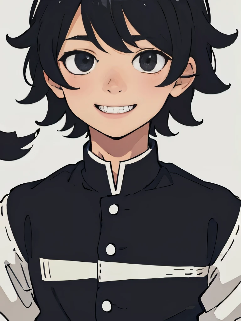 perfect anime Illustration, portrait of a boy having short and messy black hair, smiling slightly, cute
