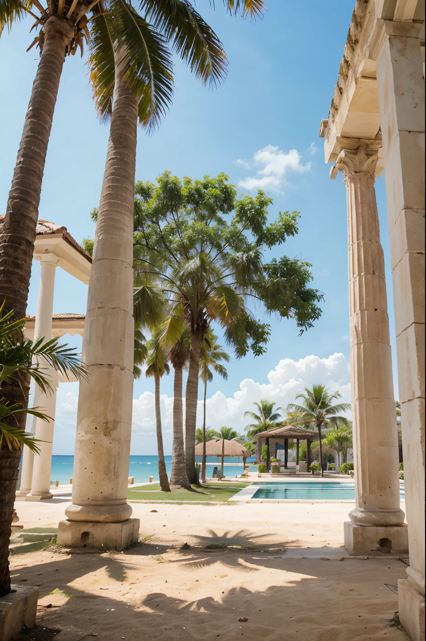 Roman columns，Coconut Tree，Shoot the background，Reality，8k，Resort style