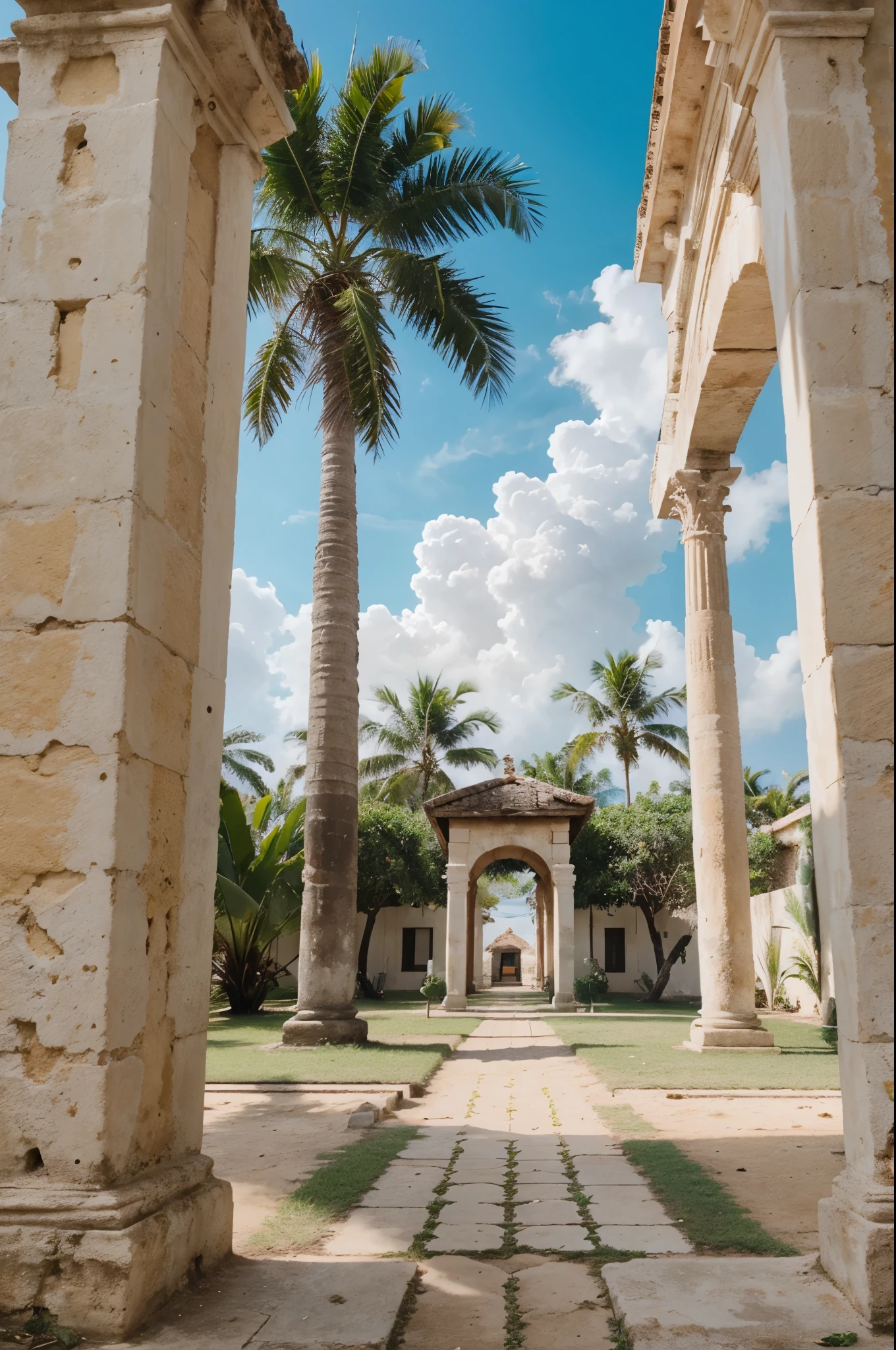 Roman columns，Coconut Tree，Shoot the background，Reality，8k，Resort style