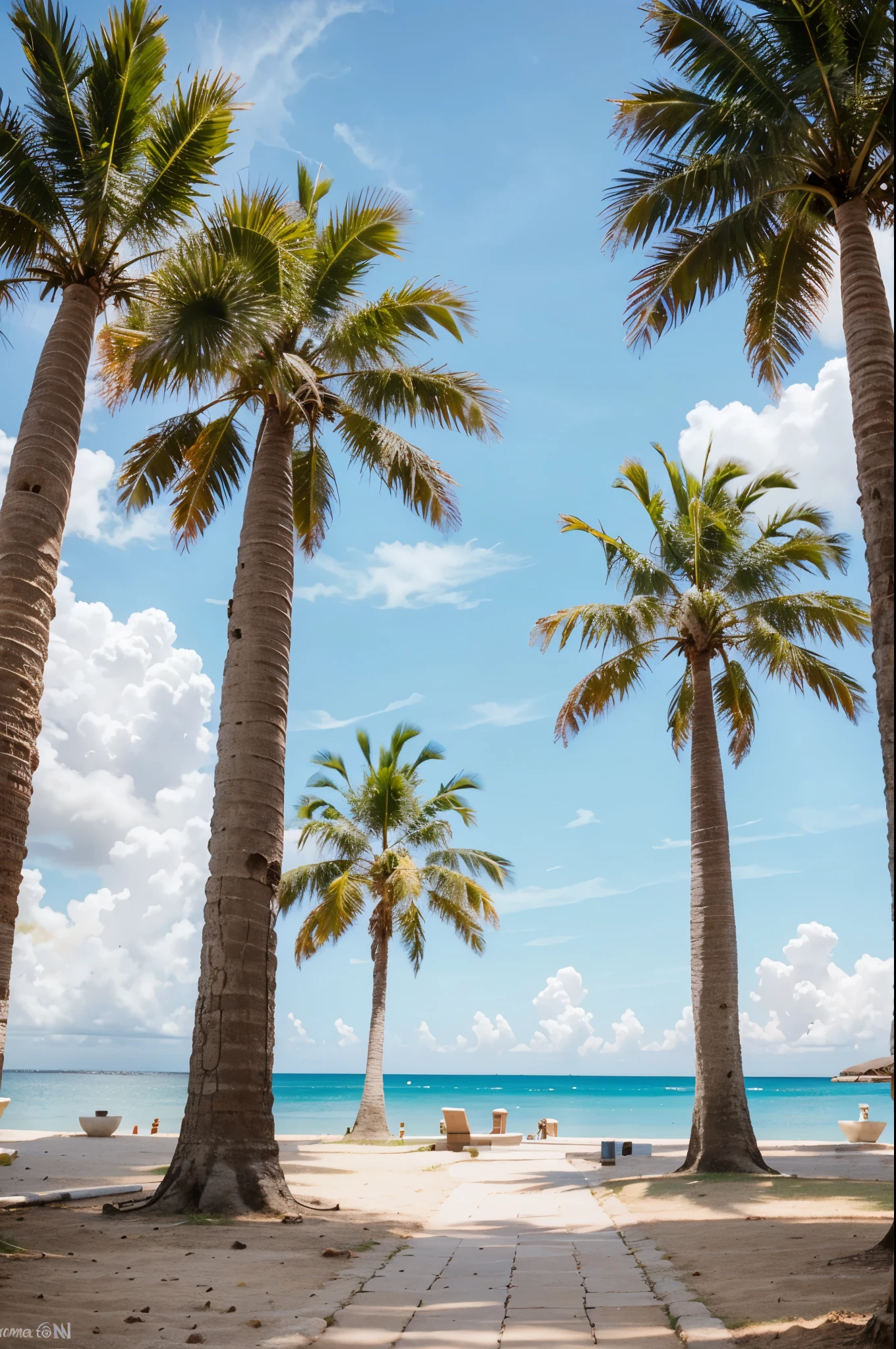 Roman columns，Coconut Tree，Shoot the background，Reality，8k，Resort style