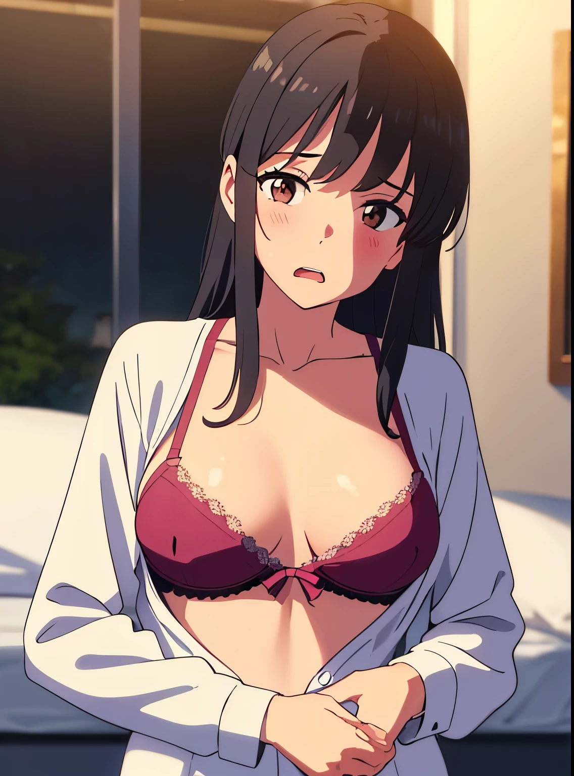 1middle age man, wrinkle face, black hair,bangs swept to the right side, Middle aged man behind girl, touching chest, biting shoulders, breatsgrope from behind, grab, grabbing chest,chestgrab behind back, removing bra, hold bra, hug back, hugging, neck kiss, 1girl, black hair, twisted half up hair, red ribbon, long hair, brown eyes, collared shirt, unbuttoned, medium bresst, nipples, pink nipples, white pants, cute, open mouth, upper body, long sleeves, cowboy shot, masterpiece, on a dating, blushing, bedroom, night, sit on bed