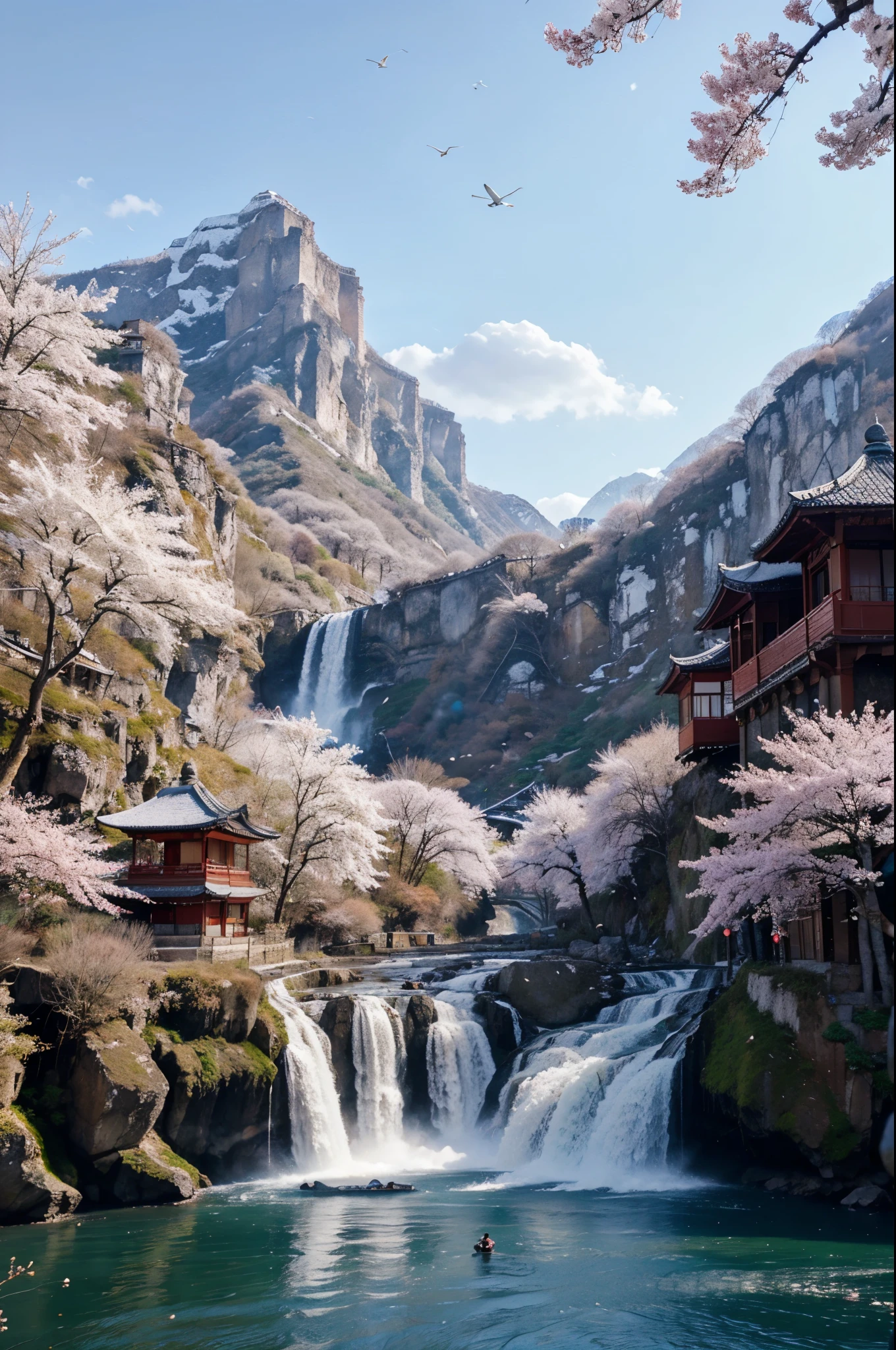 a chinese landcape with bluish background, having ancient styled homes, huge snowy mountains in the back, sakura trees and many big waterfalls and flying birds in 8k