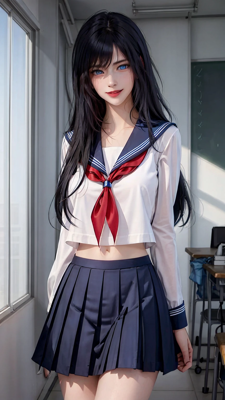 ((((masterpiece, best quality, high resolution)))), (1girl:1.5), ((long silky hair, black hair, blue eyes, sharp eyes)), (big breasts:1.2), (blushing), (cheeky smile, parted lips), glow, thighs, collarbone, narrow waist, (slender body figure), (beautiful detailed face, beautiful detailed eyes), ((sailor fuku uniform, see through material, red ribbon, blue plated skirt)), (standing up), looking at viewer, classroom, (cowboy shot)