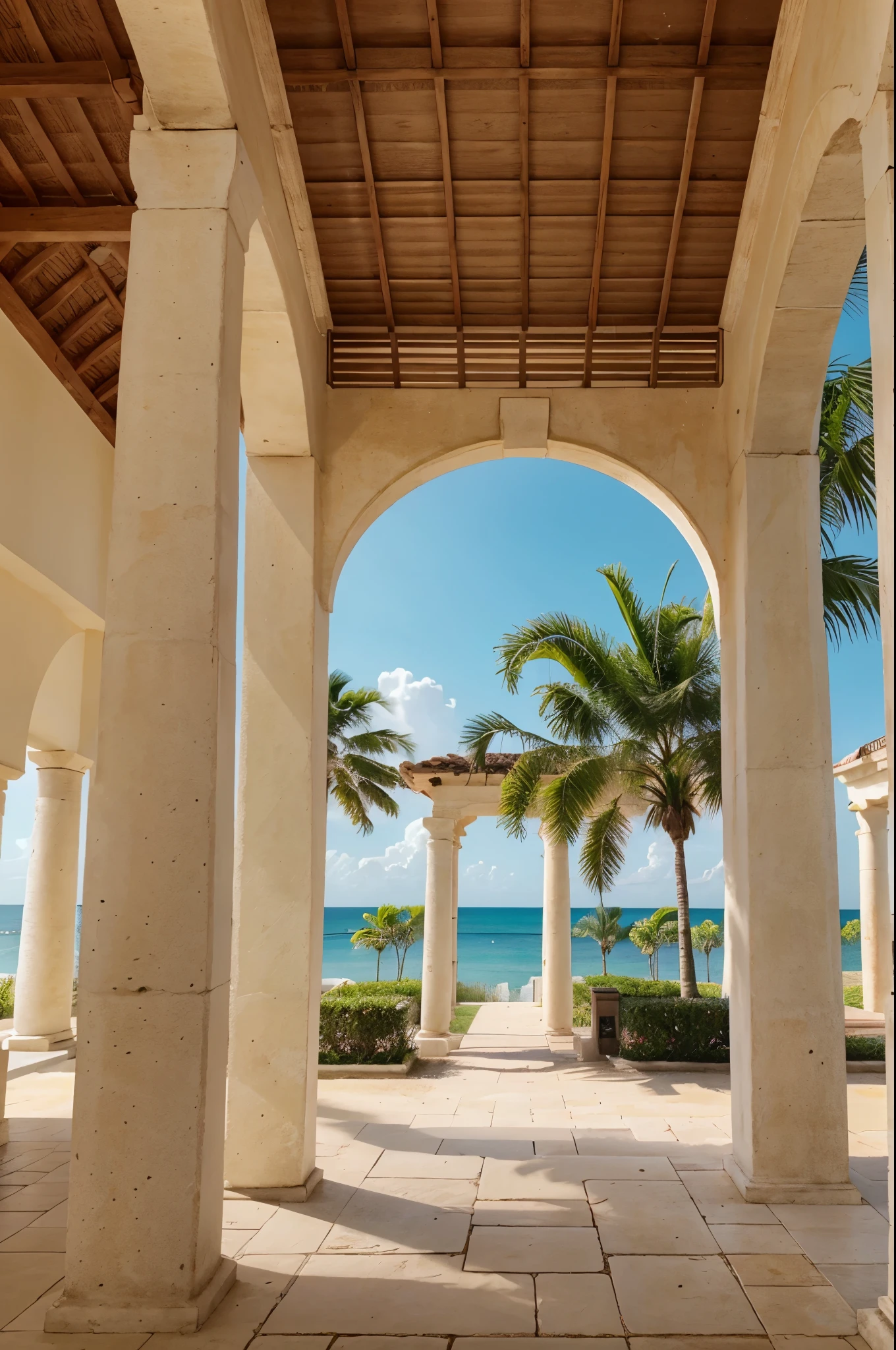 Roman columns，Coconut Tree，Shoot the background，Reality，8k，Resort style，Inside the pavilion，The sun is blocked
