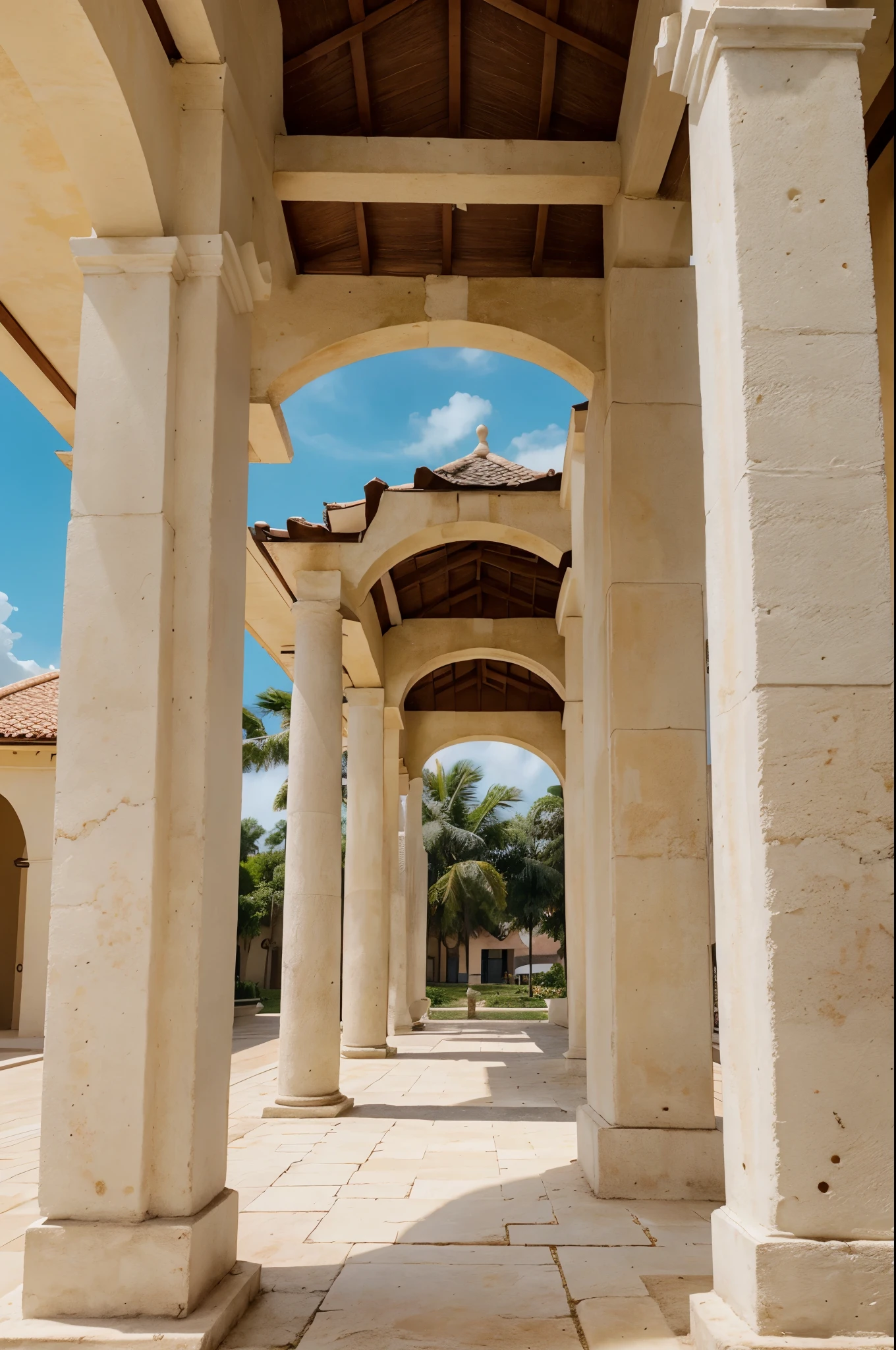 Roman columns,Coconut Tree,Shoot the background,Reality,8k,Resort style,Inside the pavilion,The sun is blocked
