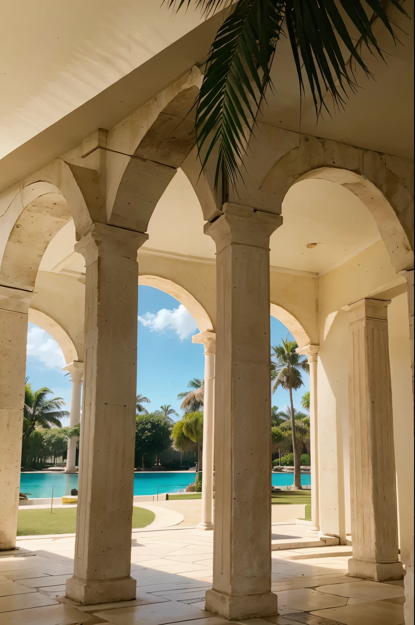 Roman columns，Coconut Tree，Shoot the background，Reality，8k，Resort style，Inside the pavilion，The sun is blocked