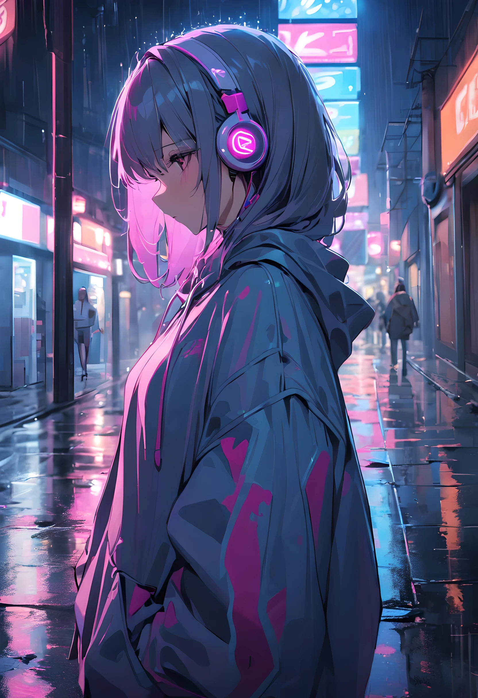 masterpiece, The girl was alone, alone, Extremely ridiculous, hoodie, earphone, street, outdoor, rain, neon,