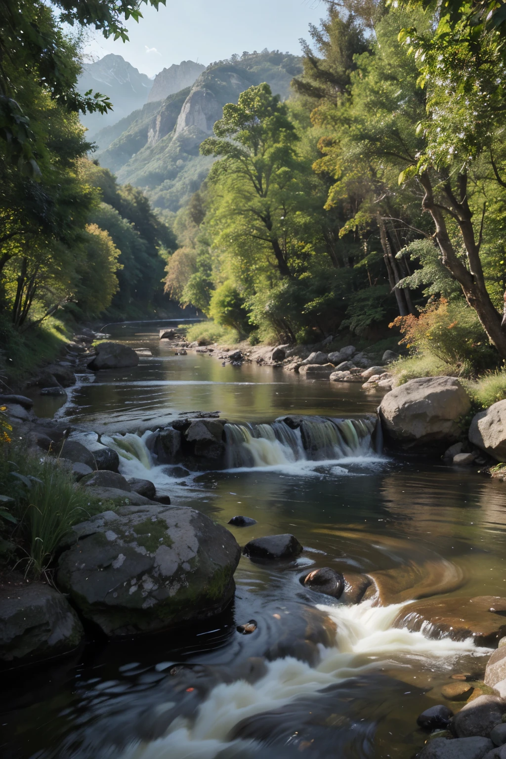 The exquisite beauty of nature:1.1, oil painting, professional, Vivid colors, Soft lighting, Landscapes, Detailed trees, Colorful flowers, flowing river, Majestic mountains, Gentle breeze, Clear blue sky, the sunlight filters through the leaves of the tree, vibrant hues, Natural tranquility, Lush greenery, oil painting