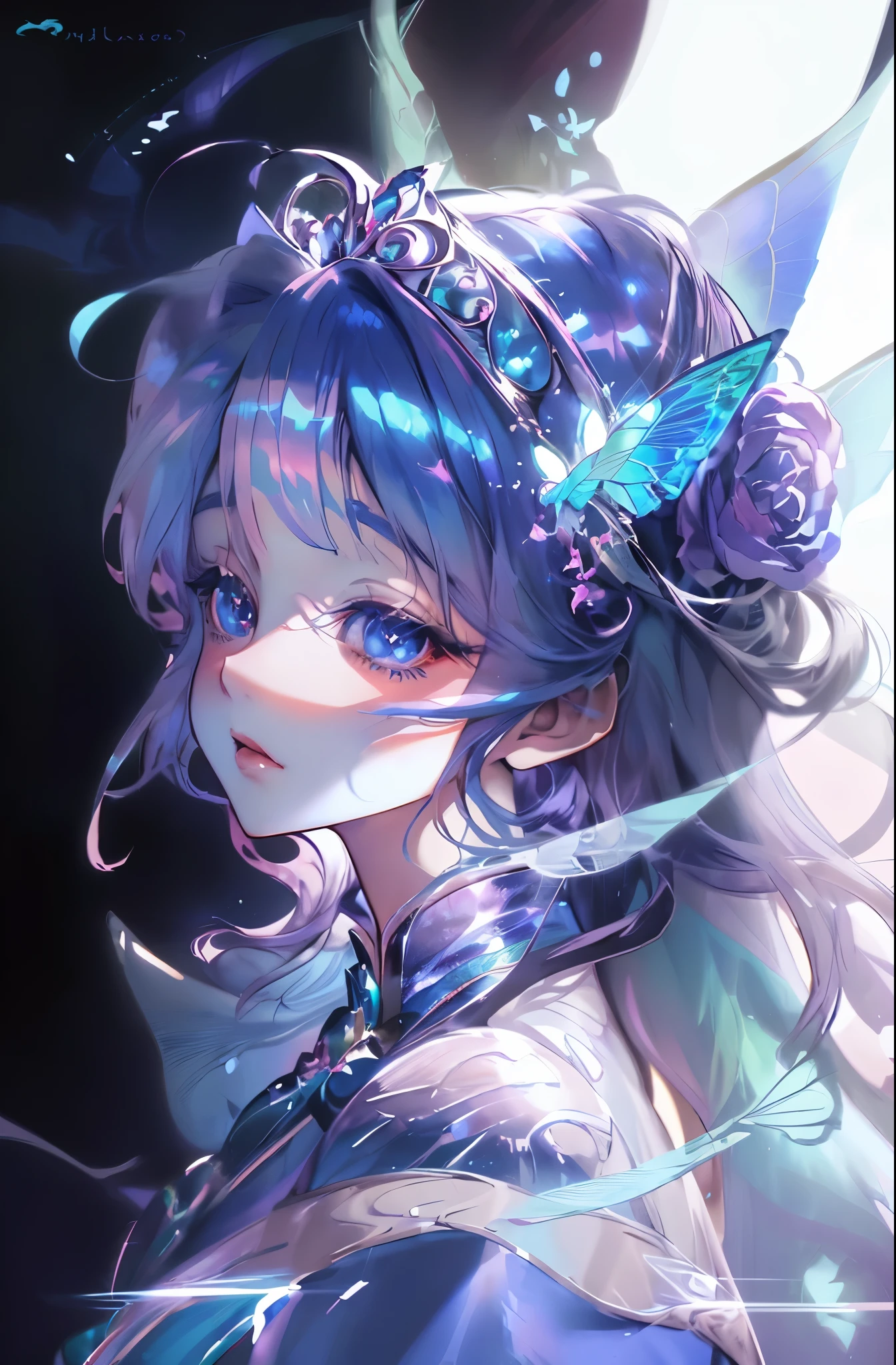 Anime girl in butterfly headdress and blue dress, fantasy art style, ((beautiful fantasy queen)), 8k high quality detailed art, Beautiful anime portrait, Beautiful fantasy anime, Beautiful anime style, Anime Fantasy Illustration, Beautiful and cute with plop, Detailed digital animation art, Beautiful anime art style, Astral Fairy, guweiz style artwork