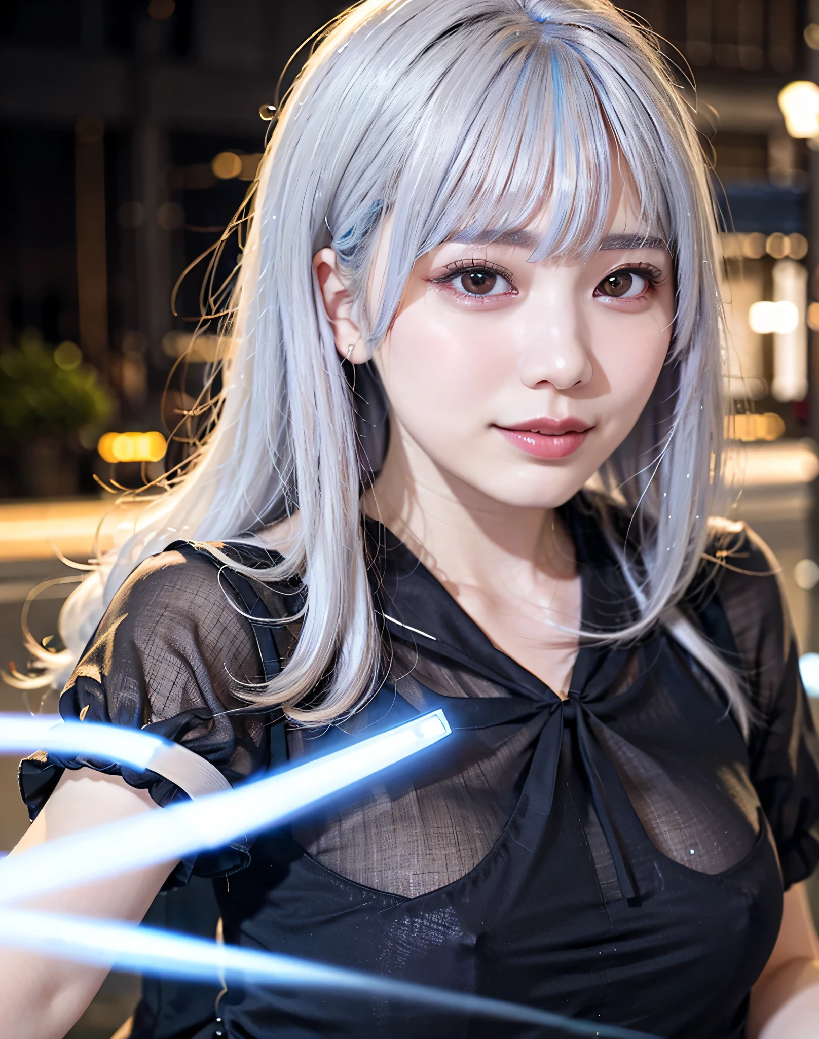 highest quality, realistic, 8K, High resolution, 1 girl, woman,(skin dents), (big breasts), (professional lighting, Bokeh), (street), (people々, crowd:0.6), market, (night:1.2),(gray hair:2.0), (blouse:1.5), (I wore:0.6), nice, bloom, (floating hair),(particles of light, Lens flare, glowing particles:0.6), (dynamic pose:1.2), soft lighting,