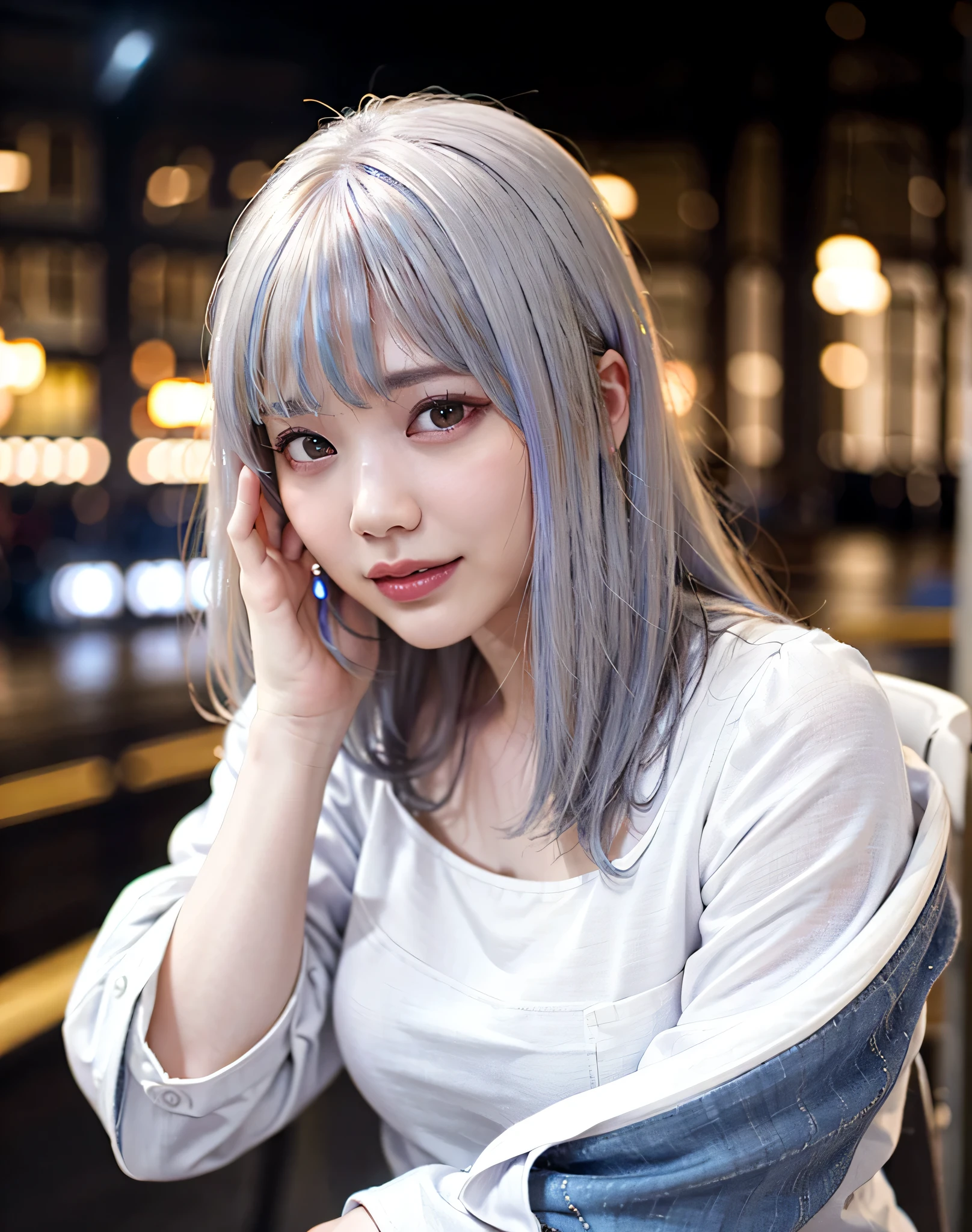 highest quality, realistic, 8K, High resolution, 1 girl, woman,(skin dents), (big breasts), (professional lighting, Bokeh), (street), (people々, crowd:0.6), market,  (night:1.2),(gray hair:2.0), (blouse:1.5), (I wore:0.6), nice, bloom, (floating hair),(particles of light, Lens flare, glowing particles:0.6), (dynamic pose:1.2), soft lighting,  