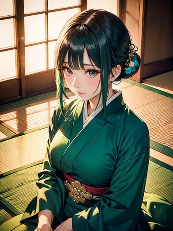 A stunning 70-year-old woman sits elegantly on a tatami mat, her vibrant green hair flowing gracefully. Her bangs are styled upwards and tied in an intricate fashion, adding a touch of sophistication to her appearance. It is dusk, and she is adorned in Japanese attire that reveals a hint of sensuality. The scene takes place in a traditional room within a Japanese inn, exuding an ambiance of tranquility. As she gazes upwards, her sharp eyes command attention, while the slight elevation of her forehead highlights her wisdom and maturity. The perspective from above captures the essence of her presence, emphasizing her regality. To complete her look, she adorns her luxurious hair with ornate accessories that add a touch of opulence to her