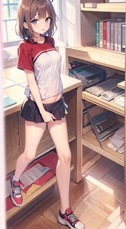 NSFW，masterpiece, best quality,  POV，look at viewer，1girl, solo, kinomoto sakura, two side up，pleated skirt, shirt, indoors, library, tomoeda elementary，windy up skirt，white panties