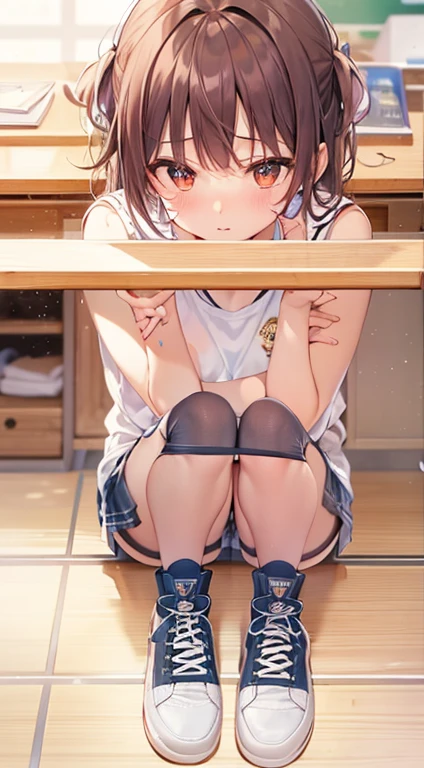  Troubled expression Raise hand Maki Horikita Beautiful girl Junior high school student White tank top Navel exposed Beautiful legs Track and field appearance Club activities Japanese classroom Small  Slender short stature Short hair Brown hair Whole body visible Sitting on desk Composition seen from below Composition seen from above. Cheeks are red. Clothes are thin. Clothes are coming off. Shoulder strap of white tank top comes off. Shoulders are visible. 嫌がる表情 肩が全て見える 汗をかいている 髪をかきあげている仕草