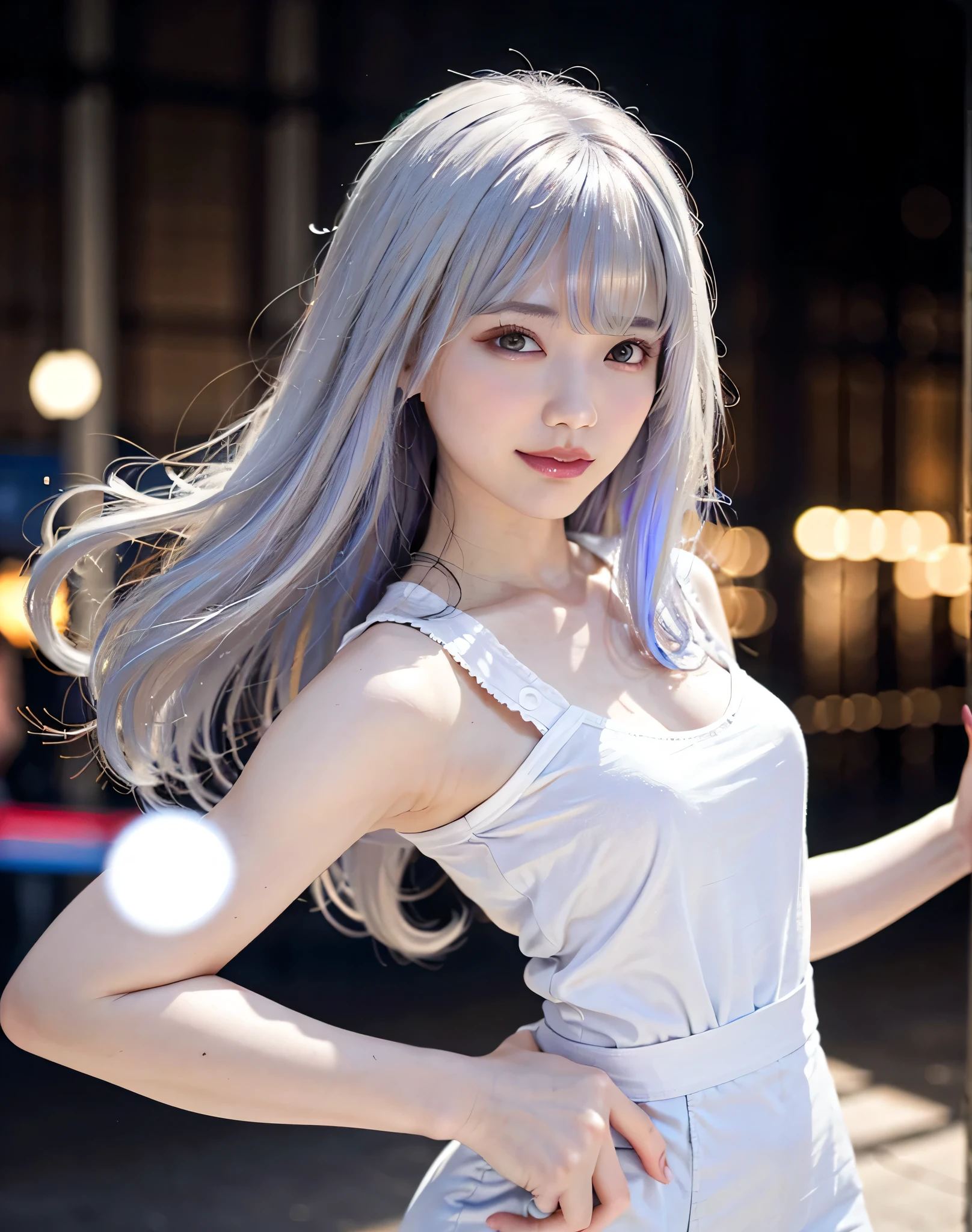highest quality, realistic, 8K, High resolution, 1 girl, woman,(skin dents), (big breasts), (professional lighting, Bokeh), (street), (people々, crowd:0.6), market, (night:1.2),(gray hair:2.0), (blouse:1.5), (I wore:0.6), nice, bloom, (floating hair),(particles of light, Lens flare, glowing particles:0.6), (dynamic pose:1.2), soft lighting,