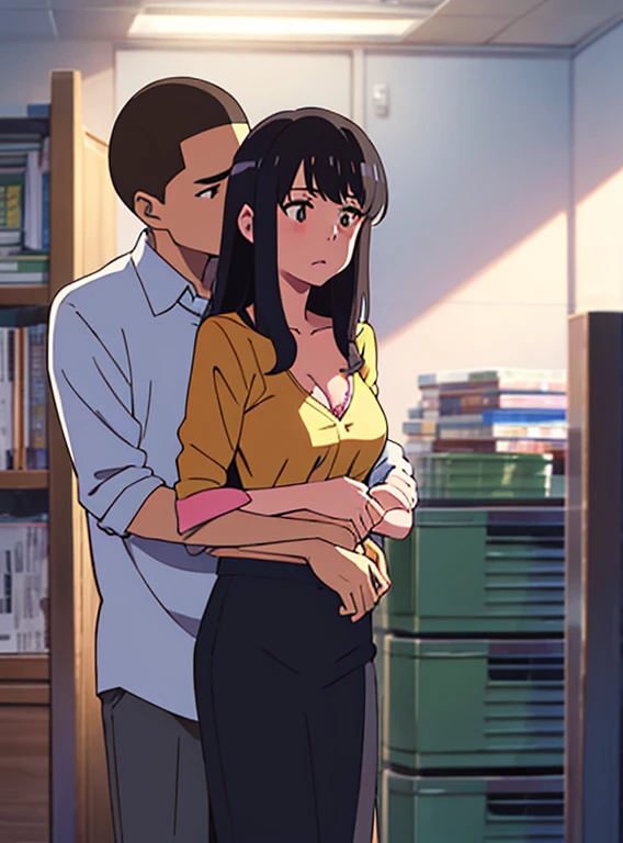 1middle age man, wrinkle face, black hair,bangs swept to the right side, Middle aged man behind girl, touching chest, biting shoulders, breatsgrope from behind, grab, grabbing chest,chestgrab behind back, removing bra, hold bra, hug back, hugging, neck kiss, 1girl, black hair, twisted half up, red ribbon, long hair, brown eyes, collared shirt, unbuttoned, medium bresst, nipples, pink nipples, white pants, cute, open mouth, upperbody, long sleeves, cowboy shot, masterpiece, on a dating, blushing, bedroom, night, sit on bed