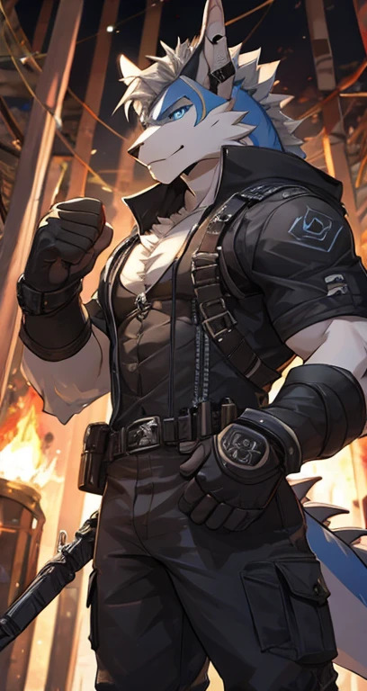Masterpiece, Cool Pose, Furry Gray Dragon, Medium Strong Body, Blue Eyes, Grey Medium Hair, Combat Black Shirt, Combat Gloves, Combat Pants, Fierce, Good looking