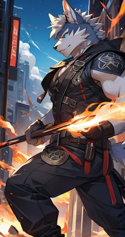 Masterpiece, Cool Pose, Furry Gray Dragon, Medium Strong Body, Blue Eyes, Grey Medium Hair, Combat Black Shirt, Combat Gloves, Combat Pants, Fierce, Good looking