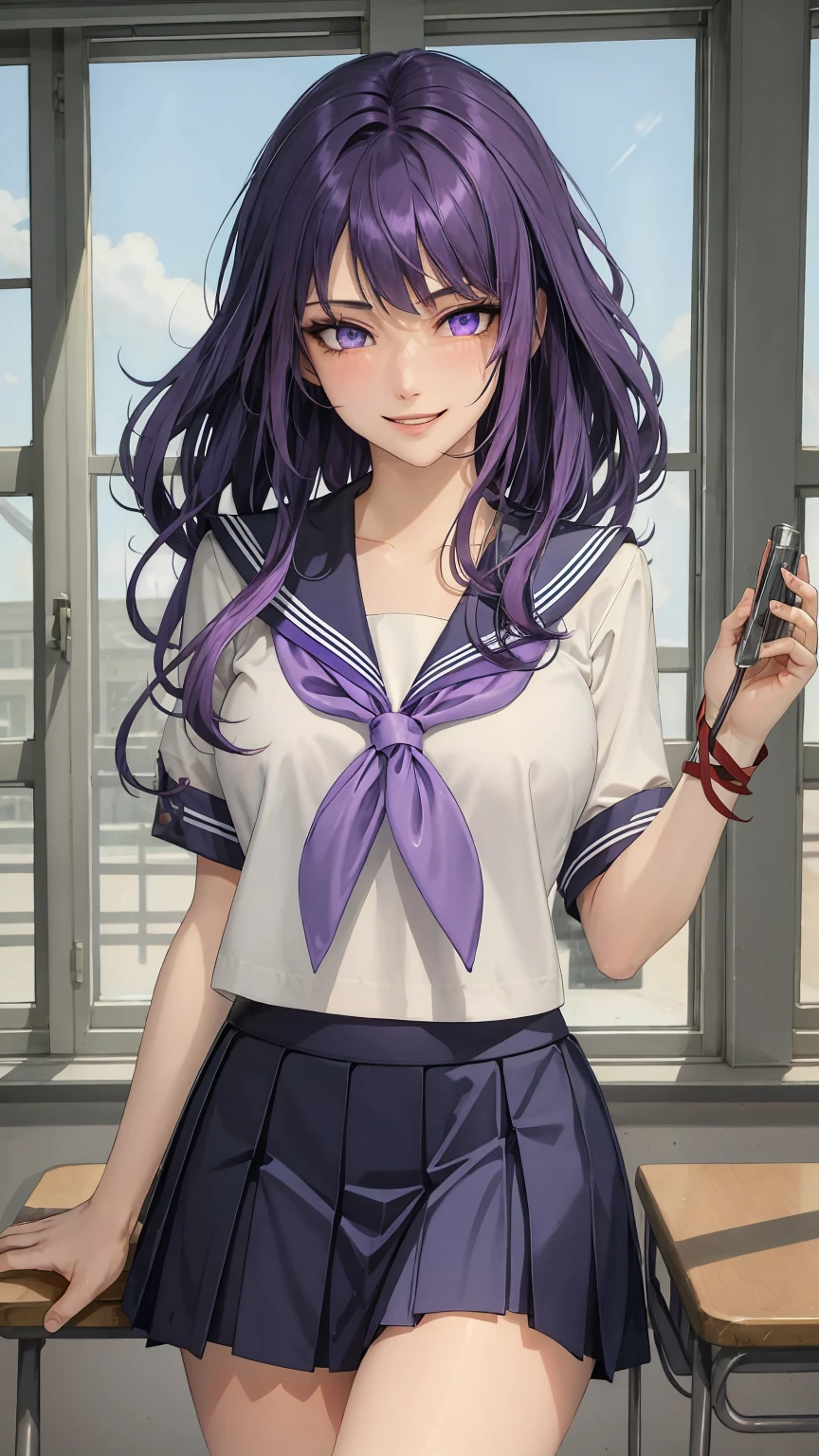 ((((masterpiece, best quality, high resolution)))), (1girl:1.5), ((long silky hair, purple hair, purple eyes, sharp eyes)), (big breasts:1.2), (blushing), (cheeky smile, parted lips), glow, thighs, collarbone, narrow waist, (slender body figure), (beautiful detailed face, beautiful detailed eyes), ((sailor fuku uniform, see through material, red ribbon, blue plated skirt)), (standing up), looking at viewer, classroom, (cowboy shot)