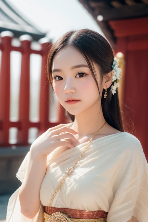 photography Portriat realistic, full body, women model, Wearing traditional Thai dress, front of Sensoji Temple, Japan, Snow covered, There's warm sunshine, (RAW photo:1.2), (photorealistic:1.4), shot by Sony alpha 7 iv, 85mm lens, f/1.4, ISO 100, (masterpiece:1.2), (intricate detailed), (best quality:1.2), (professional photography), (realistic:1.5), (soft light:1.3), (defuse lighting:0.7), (ambient lighting:0.6), (rim lighting,:1.2), fine textures, (depth of field:1.2), (bokeh:1.2), (face focus:1.5), film overlay, film grain,