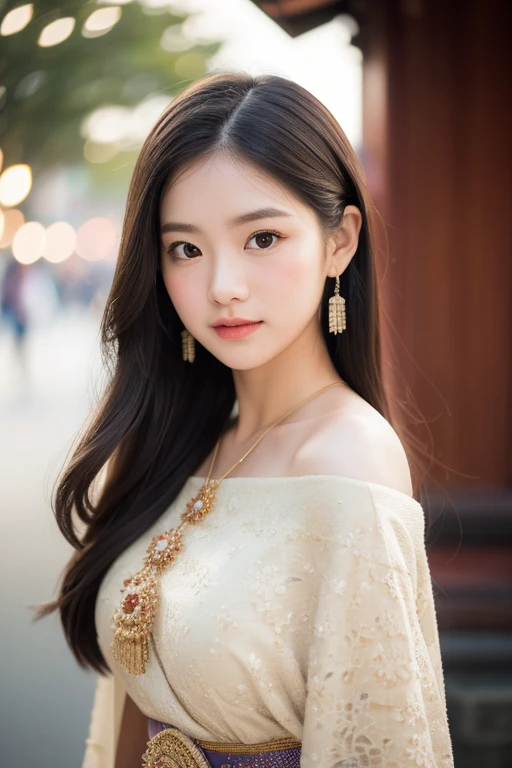 photography Portriat realistic, full body, women model, Wearing traditional Thai dress, front of Sensoji Temple, Japan, Snow covered, There's warm sunshine, (RAW photo:1.2), (photorealistic:1.4), shot by Sony alpha 7 iv, 85mm lens, f/1.4, ISO 100, (masterpiece:1.2), (intricate detailed), (best quality:1.2), (professional photography), (realistic:1.5), (soft light:1.3), (defuse lighting:0.7), (ambient lighting:0.6), (rim lighting,:1.2), fine textures, (depth of field:1.2), (bokeh:1.2), (face focus:1.5), film overlay, film grain,