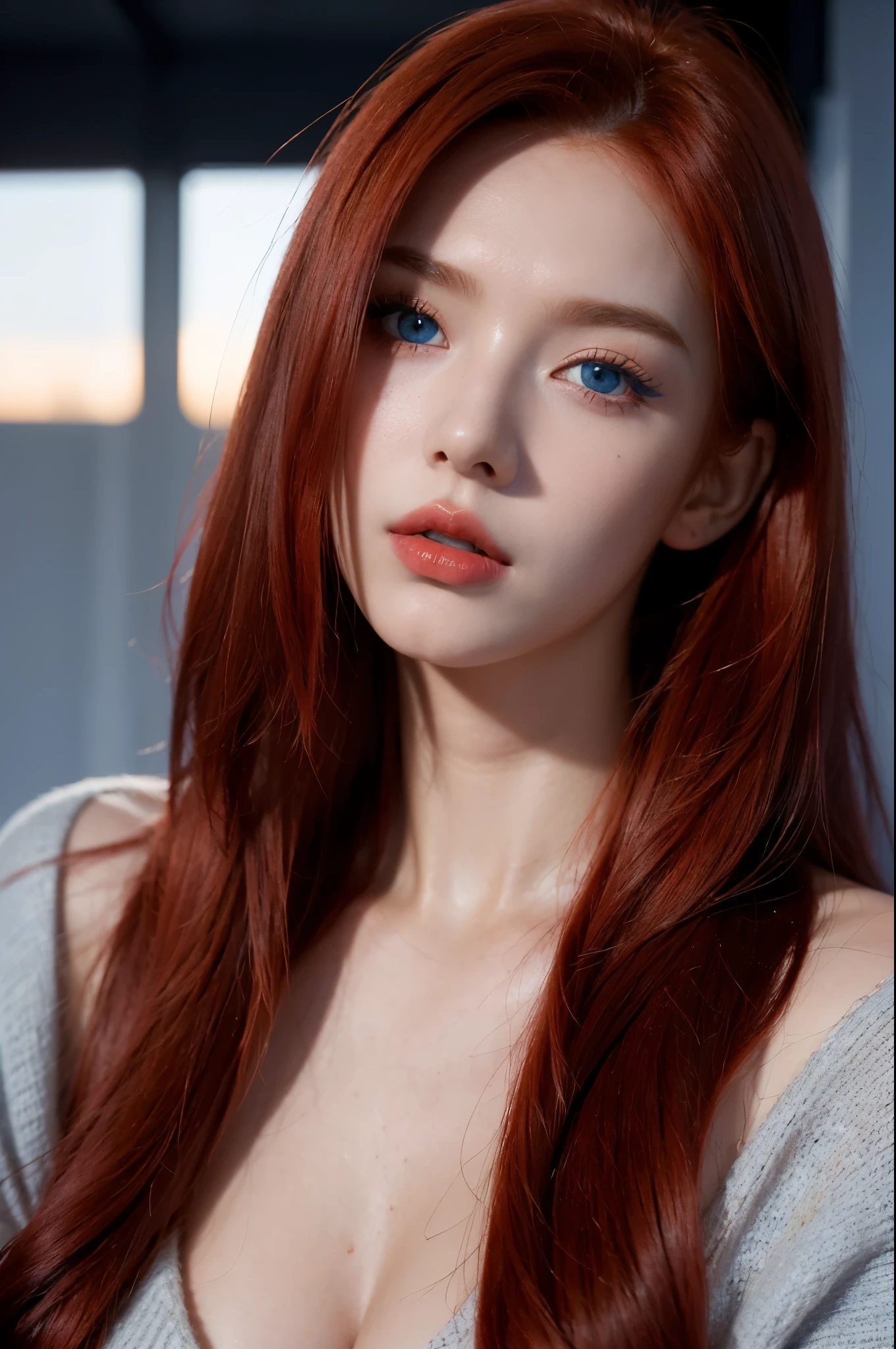 raw photo, (18yo redhead girl:1.2), makeup, graphic eyeliner, rouge, (choker:0.9), realistic skin texture, oversize sweater, (red:0.8), softcore, warm lighting, cosy atmosphere, instagram style, cleavage,  (natural skin texture, hyperrealism, soft light, sharp), ((model photoshoot)), ((detailed face with sexy lips and deep blue eyes)), ((hdr)),    