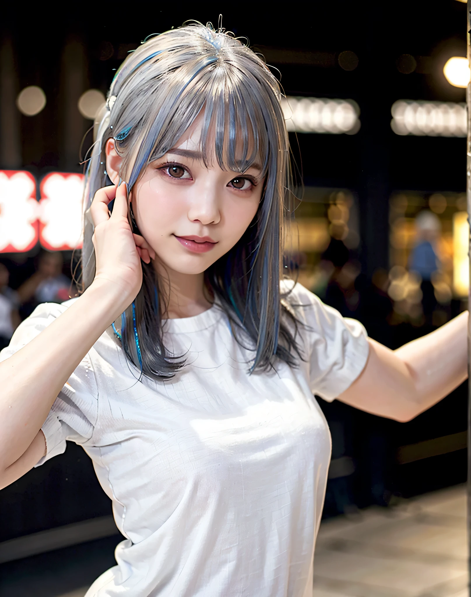 highest quality, realistic, 8K, High resolution, 1 girl, woman,(skin dents), (big breasts), (professional lighting, Bokeh), (street), (people々, crowd:0.6), market,  (night:1.2),(gray hair:2.0), (blouse:1.5), (I wore:0.6), nice, bloom, (floating hair),(particles of light, Lens flare, glowing particles:0.6), (dynamic pose:1.2), soft lighting,  