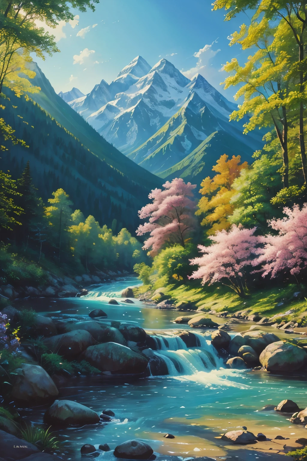 The exquisite beauty of nature:1.1, oil painting, professional, Vivid colors, Soft lighting, Landscapes, Detailed trees, Colorful flowers, flowing river, Majestic mountains, Gentle breeze, Clear blue sky, the sunlight filters through the leaves of the tree, vibrant hues, Natural tranquility, Lush greenery, oil painting