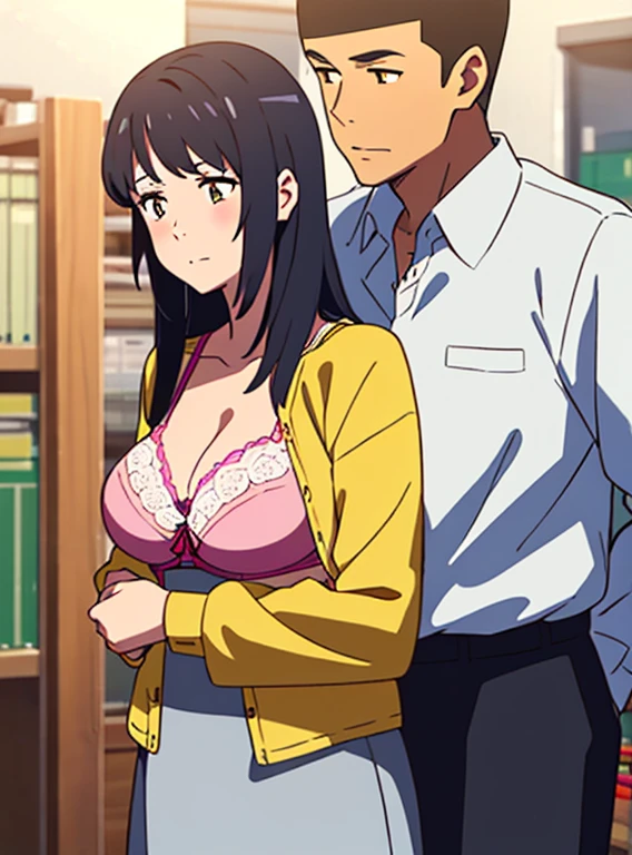 shinkai makoto, kimi no na wa., middle aged man, bangs swipe to the right, office suite, wrinkles, middle aged man touching girl breast,breastgrope from behind, passionate hug, middle aged man is hugging from behind, kiss shoulder, 1girl, black hair, brown eyes, open mouth, Twisted Half Up, red ribbon, long hair, nude, medium breast, punk nipples, indoors, mall, masterpiece, perfect anatomy, cowboyshot, 