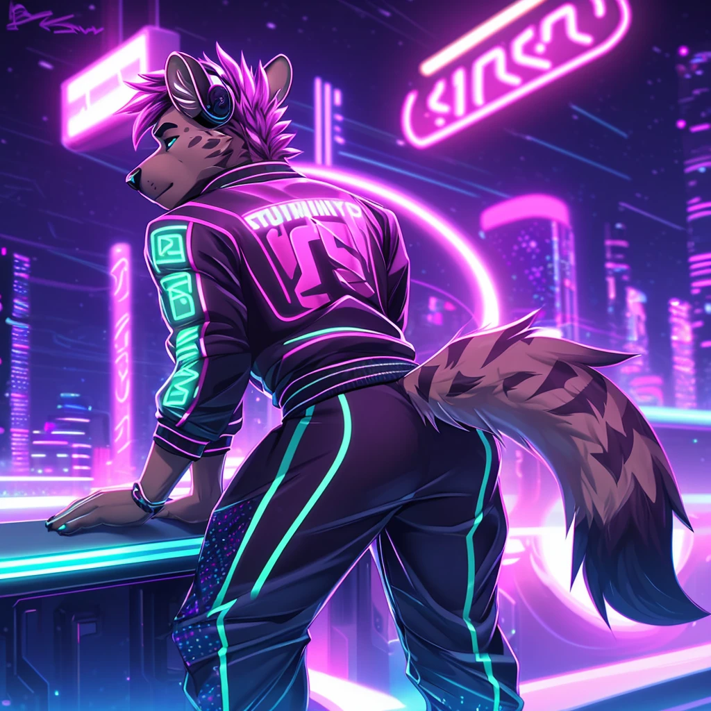 Dragon, male, solo, anthro, (bending over barrier), city, from behind, butt, (small neon cyberpunk jacket), (listening to music), headphones, vaporwave, detailed lighting, (neon cyberpunk striped sweatpants), (Saturn (background), SFW, dragon tail, detailed shading, (dynamic blur (background)), spacepunk, pink thong, thick legs, stockings, tail up, slim.