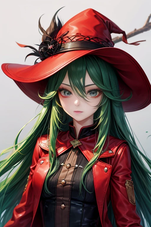 red hat、red long leather coat、long hair、Deep green hair、26 years old、fantasy、eyes are long、long eyelashes、highest quality、masterpiece、eyes are deep green、Tsundere、Beautiful woman、Correctly contour the eyes、Fire Witch、Best eyes