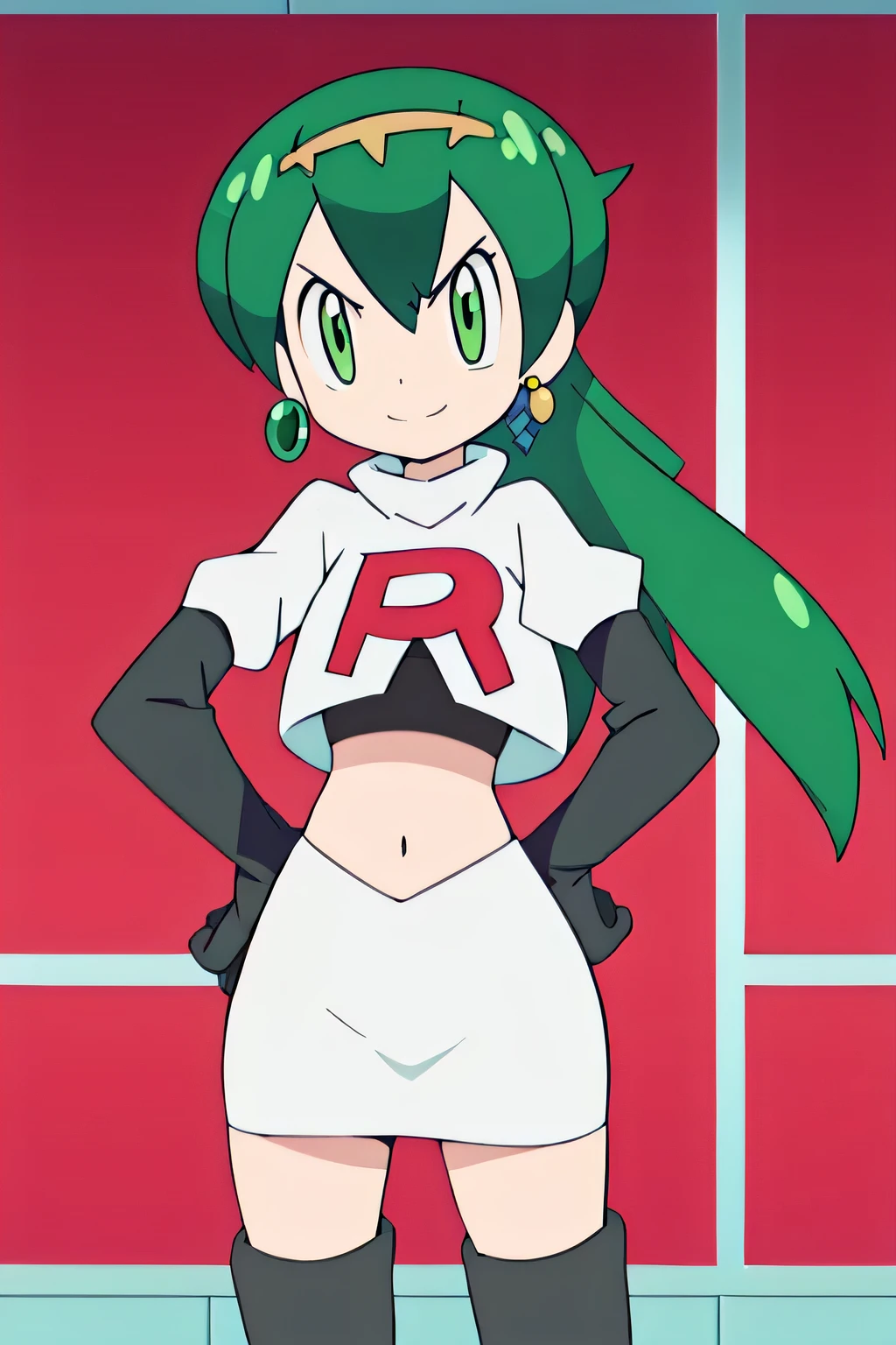 hisui, hisui, long hair, (green eyes:1.5), green hair, hair between eyes,earrings, tiara ,glossy lips ,team rocket uniform, red letter R, white skirt,white crop top,black thigh-high boots, black elbow gloves, evil smile, hands on hipsteam rocket uniform, red letter r, white skirt,white crop top,black thigh-high boots, black elbow gloves, glaring angrily, looking at viewer, hands on hips, full body seen