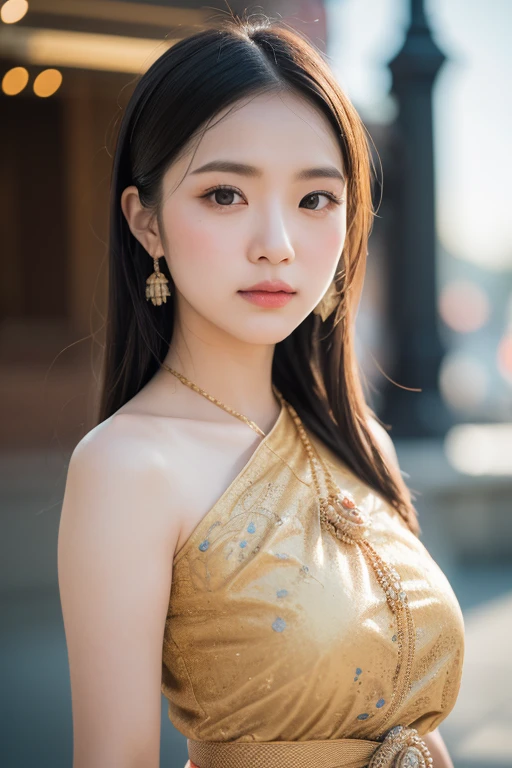 Photography realistic Portriat, full body, women model, Wearing traditional Thai dress, front of Sensoji Temple, Japan, Snow covered, There's warm sunshine, (RAW photo:1.2), (photorealistic:1.4), shot by Sony alpha 7 iv, 85mm lens, f/1.4, ISO 100, (masterpiece:1.2), (intricate detailed), (best quality:1.2), (professional photography), (realistic:1.5), (soft light:1.3), (defuse lighting:0.7), (ambient lighting:0.6), (rim lighting,:1.2), fine textures, (depth of field:1.2), (bokeh:1.2), (face focus:1.5), film overlay, film grain,