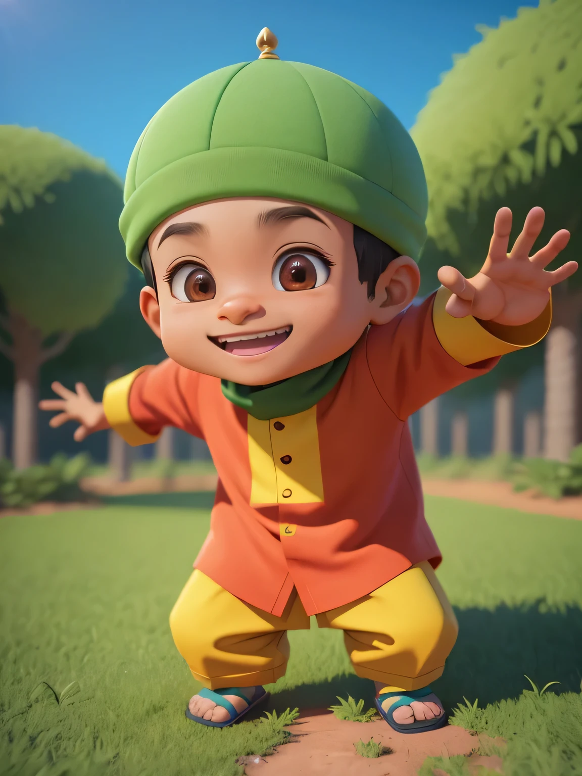 There is a muslim boy cartoon character on plain background, smiling, muslim gratitude, cute 3d render, muslim mini cute boy, wearing indonesian traditional muslim clothes, Cute detailed digital art, official fanart, simple background, animation style render, trending on cgstation, Cute! C4D, 8K Forest, adorable digital art, 8 K cartoon illustration, Cute cartoon character, 3 d desenho animado，C4D，Cartoon stylized 3d rendering，Party，Render together，toon render keyshot，3D stylized scenes，animation style render，3D clay rendering。