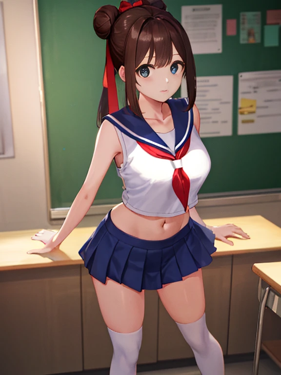 top quality、realistic touch,high details、photoreal stick、thin waist、beauty in captivity、big eyes、brown hair, Blue-eyed, hair bun, Two-pronged、Full Body Sbian、sparkling eyes, My cheeks turned red.、thin waist、In the school classroom、she is in heat、sailor suit、Cheeky look、Super short skirt with a standout V-line、sleeveless、Navel shape、、ponytail hairstyle、sailor suit that is extremely short in length、Black thigh socks、huge breasts