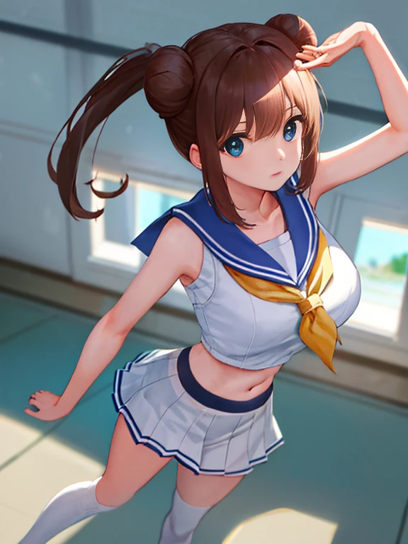 top quality、realistic touch,high details、photoreal stick、thin waist、beauty in captivity、big eyes、brown hair, Blue-eyed, hair bun, Two-pronged、Full Body Sbian、sparkling eyes, My cheeks turned red.、thin waist、In the school classroom、she is in heat、sailor suit、Cheeky look、Super short skirt with a standout V-line、sleeveless、Navel shape、、ponytail hairstyle、sailor suit that is extremely short in length、Black thigh socks、huge breasts