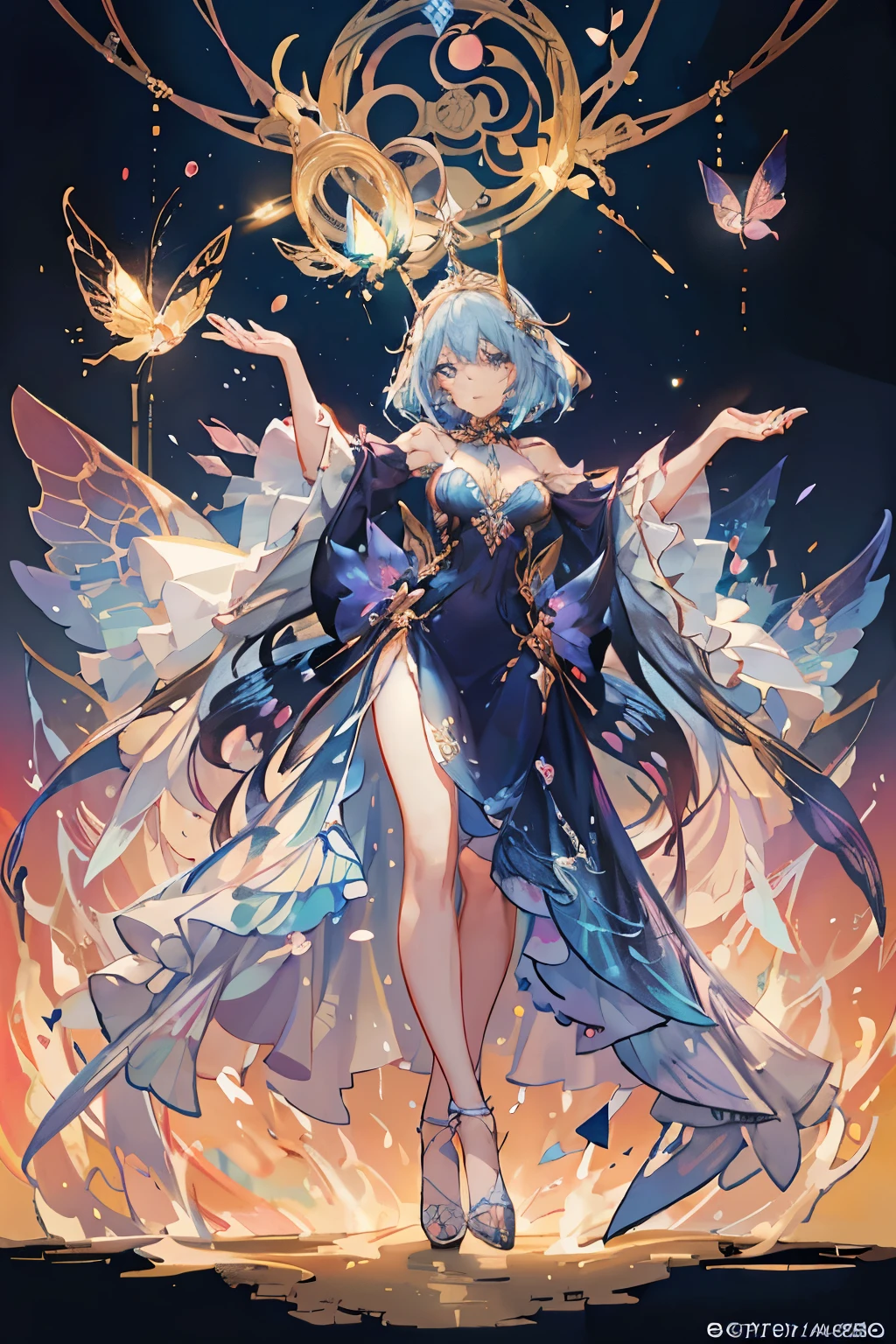 A beautiful young woman dances in a very cheerful and energetic way.Anime girl in butterfly headdress and blue dress, fantasy art style, ((beautiful fantasy queen)), 8k high quality detailed art, Beautiful anime portrait, Beautiful fantasy anime, Beautiful anime style, Anime Fantasy Illustration, Beautiful and cute with plop, Detailed digital animation art, Beautiful anime art style, Astral Fairy, guweiz style artwork
