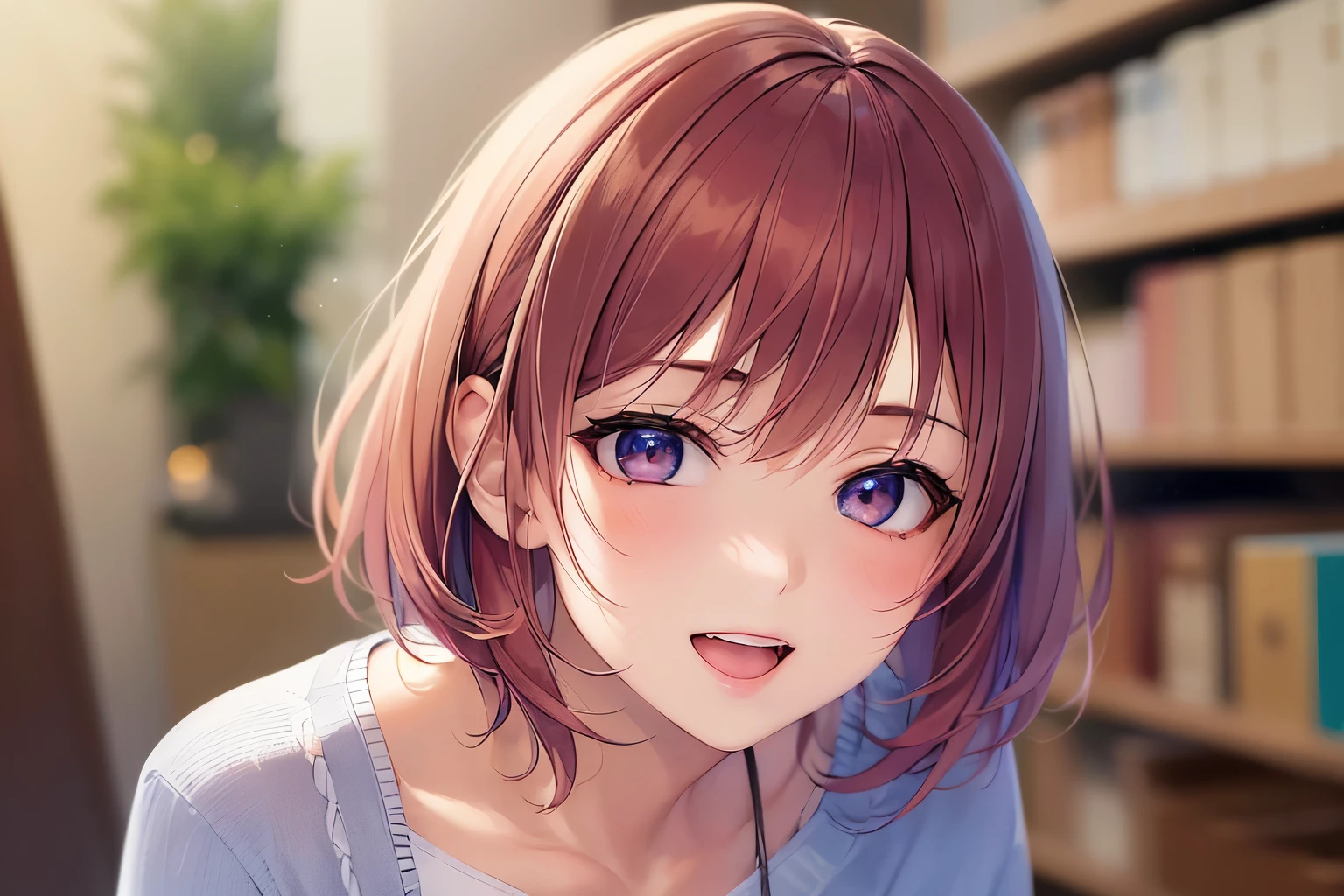 dutch angle、Realistic, real person, RAW photo, photorealistic, portrait photography, shiny skin, japanese idol, 25 year old woman、(bob cut hair) and (wine red hair) and (yelow eyes:1.3), wearing a white collarless blouse、wearing a gray skirt、smile, open mouth, blush, Supermarket background、Alone、Staring,